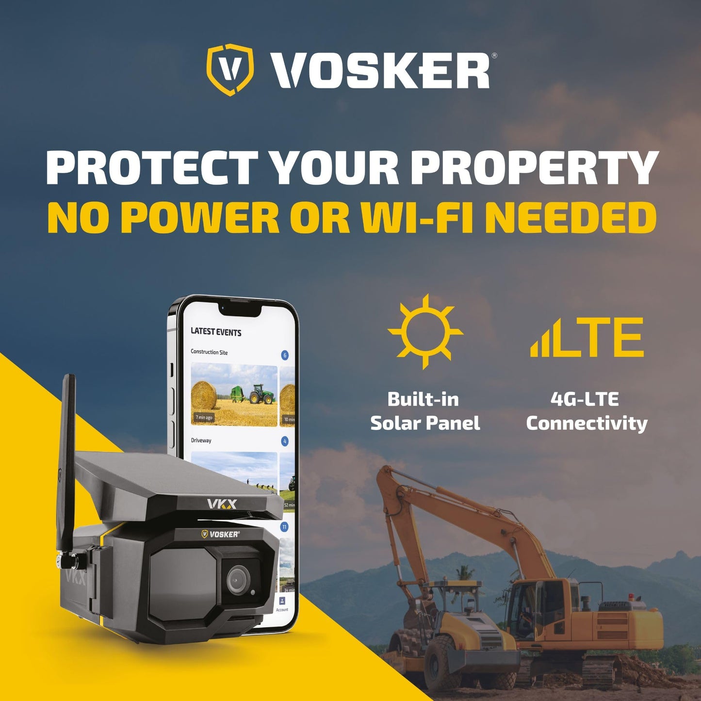 Vosker VKX Construction Pack Solar 4G LTE Security Camera, Wireless Outdoor Surveillance for Remote Construction Sites - No Wi-Fi Needed, SIM Card