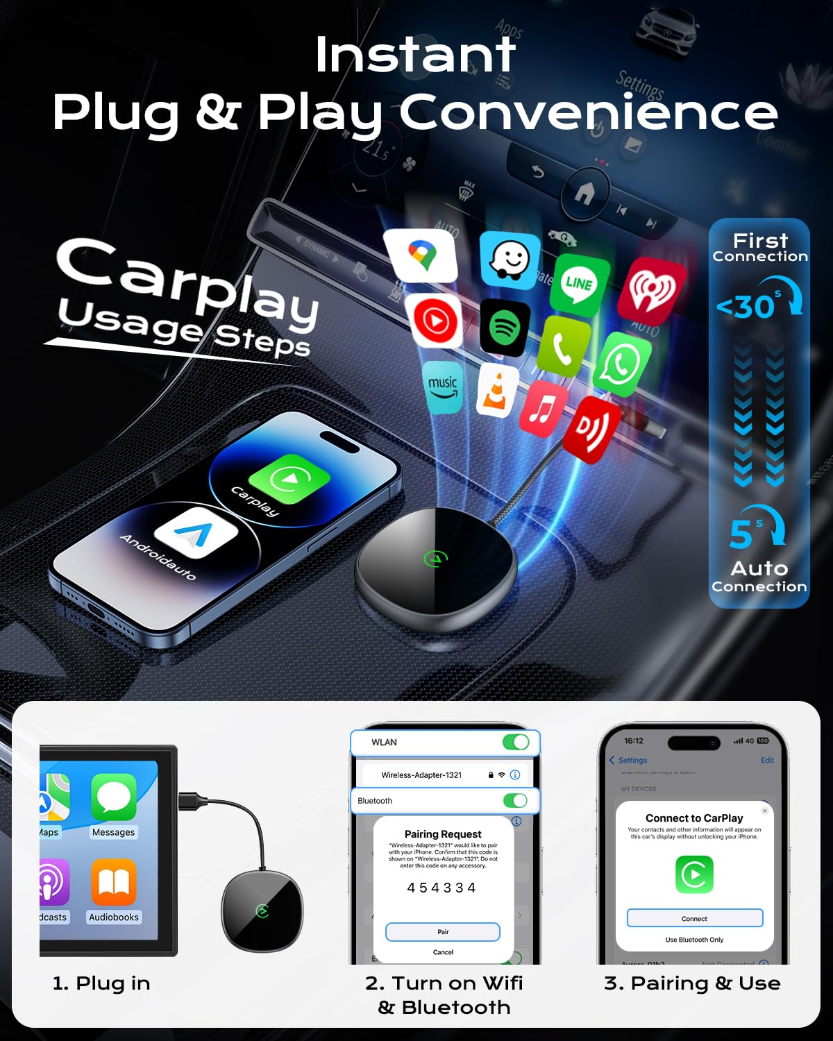 Wireless Carplay Adapter for iPhone & Android Auto 2-in-1, Stable, Plug & Play Low Delay Carplay Wireless Adapter Convert Wired to Wireless Apple Car