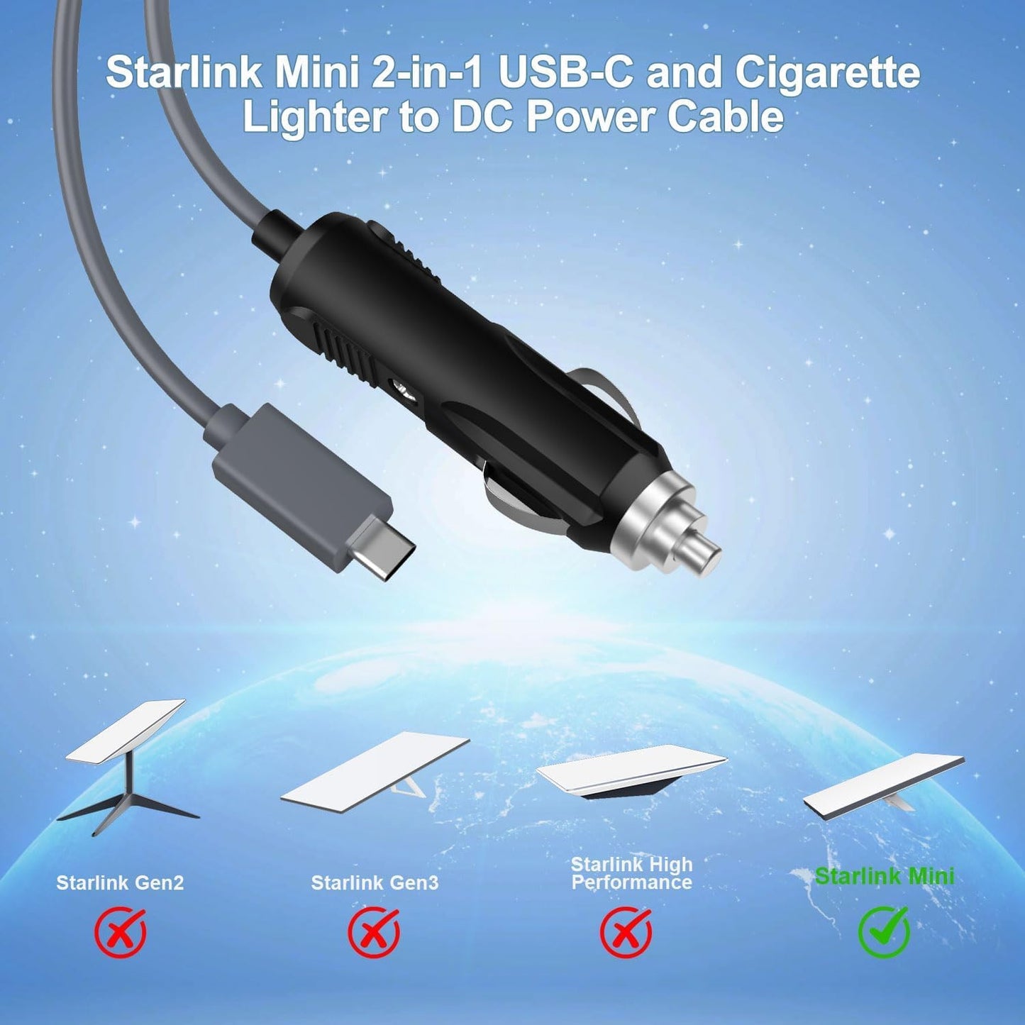 HVMKSR 2 in 1 Starlink Mini Power Cable 5m/16.4ft, USB C and Car Charger to DC Replacement Power Cord, Waterproof Power Extension Accessory