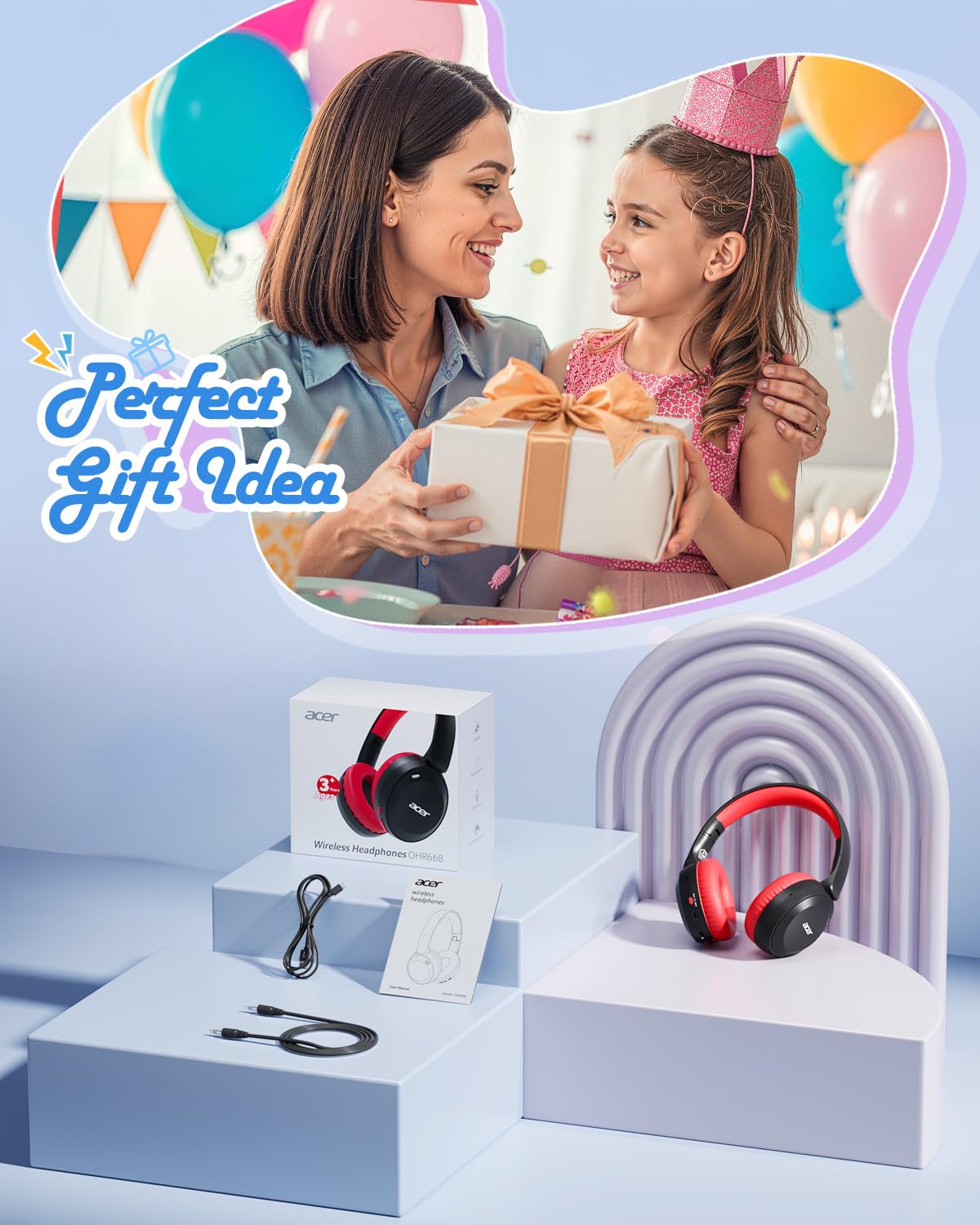 acer Kids Bluetooth Headphones, 85/94dB Volume Limiter, Foldable Wireless Over-Ear Headphones for iPad, Travel, 60H Playtime, Bluetooth 6.0, Built-in…