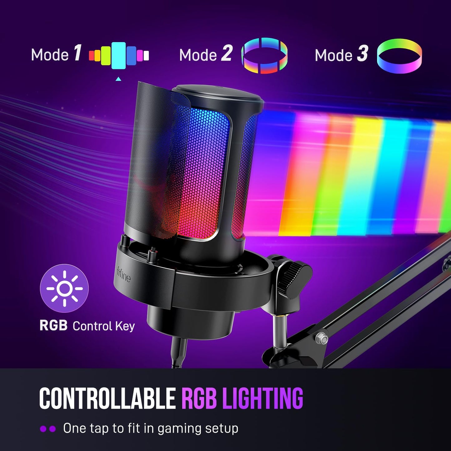 FIFINE USB Gaming Microphone Kit, PC Streaming Mic with RGB Lights, Mute, Gain Knob, Metal Boom Arm for Recording Podcast, Condenser Computer