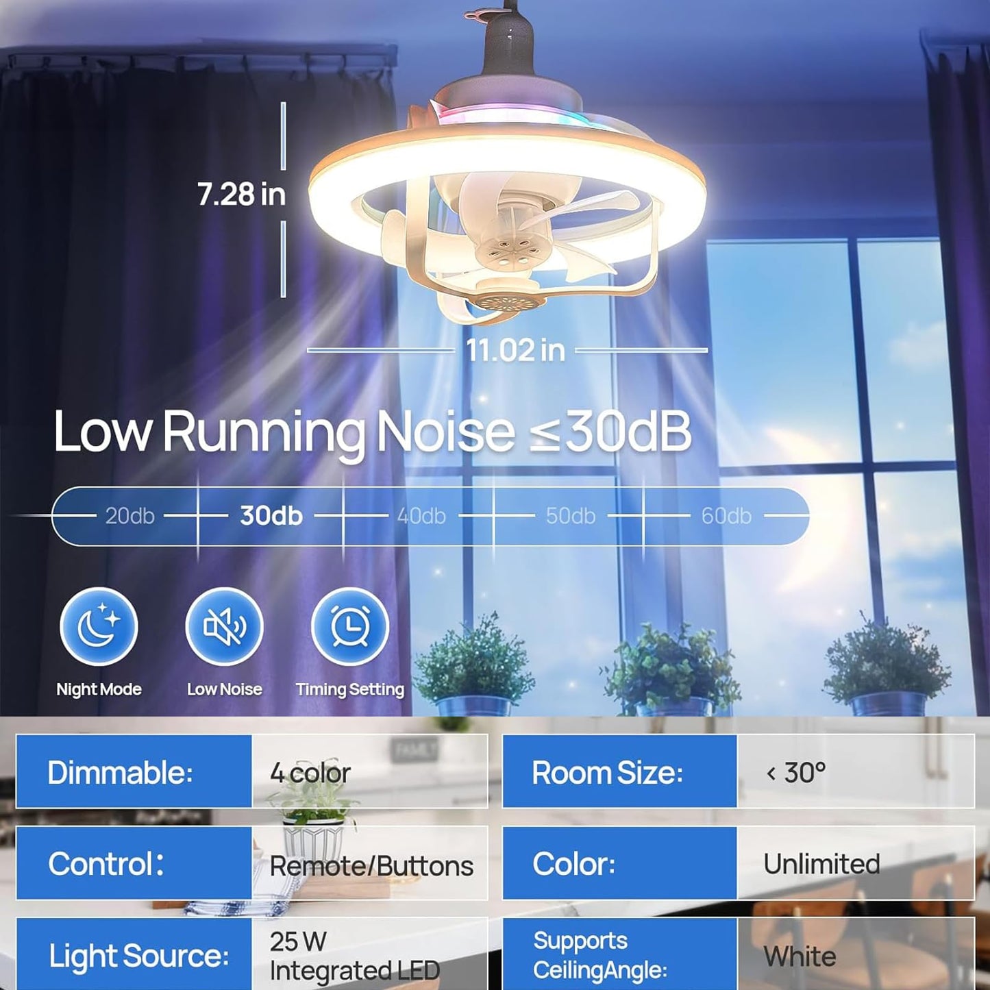 VANLUDA Socket Fan Light,11 Inches E26/E27 Ceiling Fan with Light Dimmable+RGB Atmosphere Lighting,360°Rotation Light Socket Fan 3 Speeds Fan Light