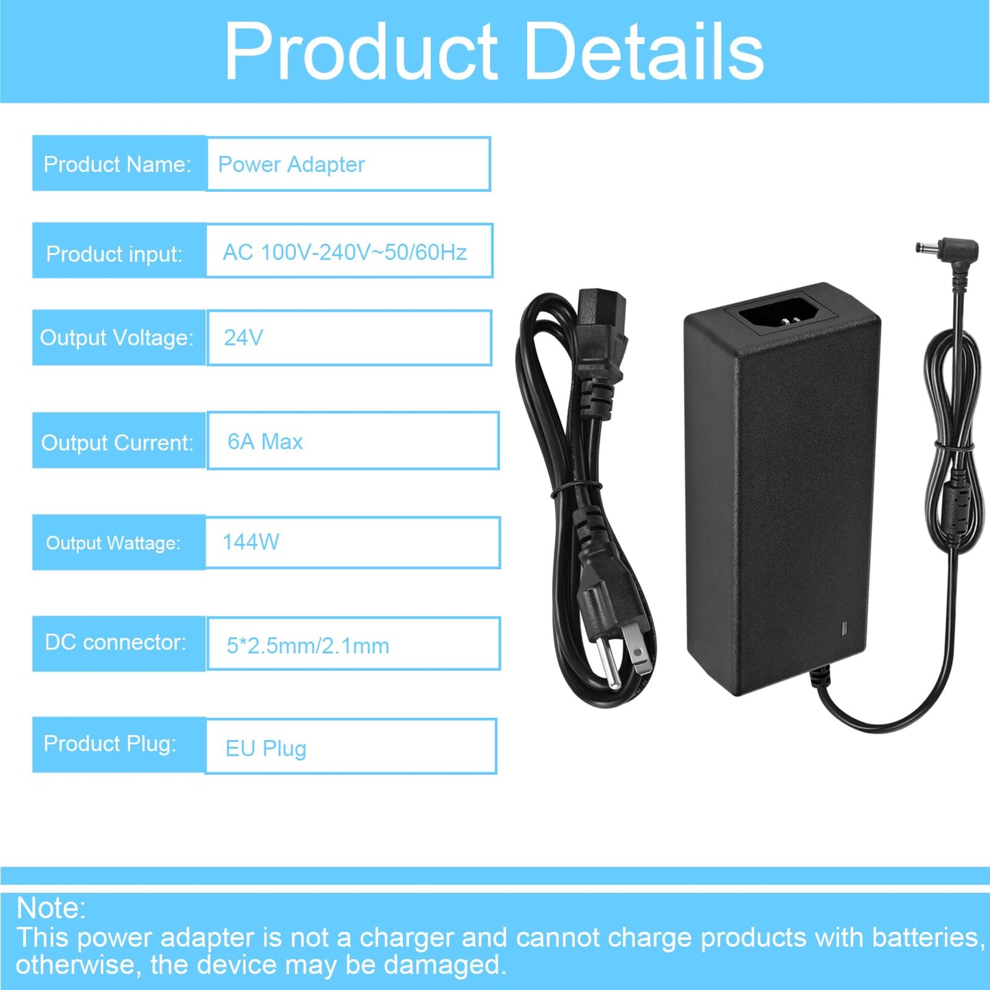 24V 6A Power Supply 144W 100V~240V AC to DC Adapter Converter Transformer,24 Volt 6 Amp Power Supply Adapter with 5.5mm x 2.5mm&2.1mm DC Output Jack…