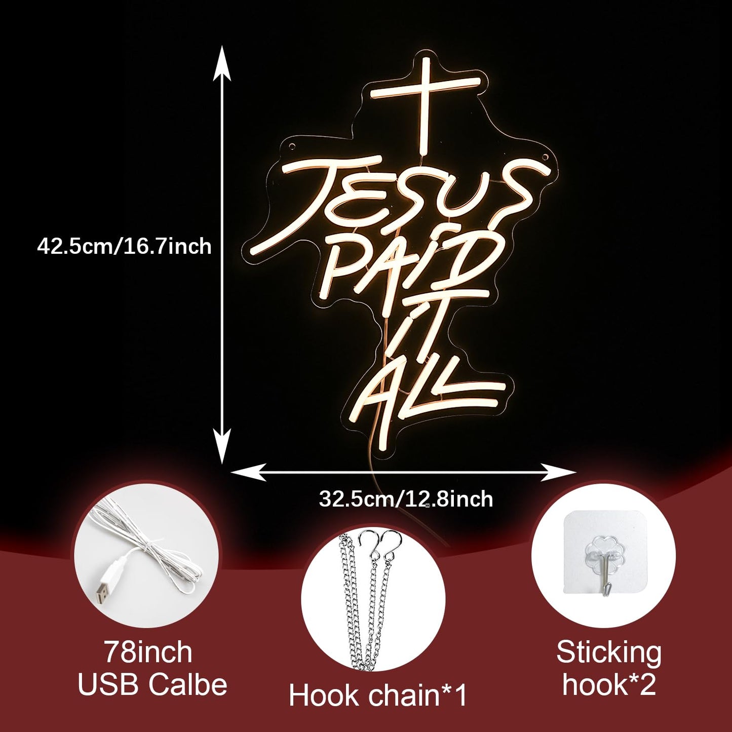 LIUOZHTEA Jesus Paid It All Neon Sign Warm White Cross Neon Light for Wall Decor Dimmable Jesus Cross LED Light Up Sign for Christian Church Christmas