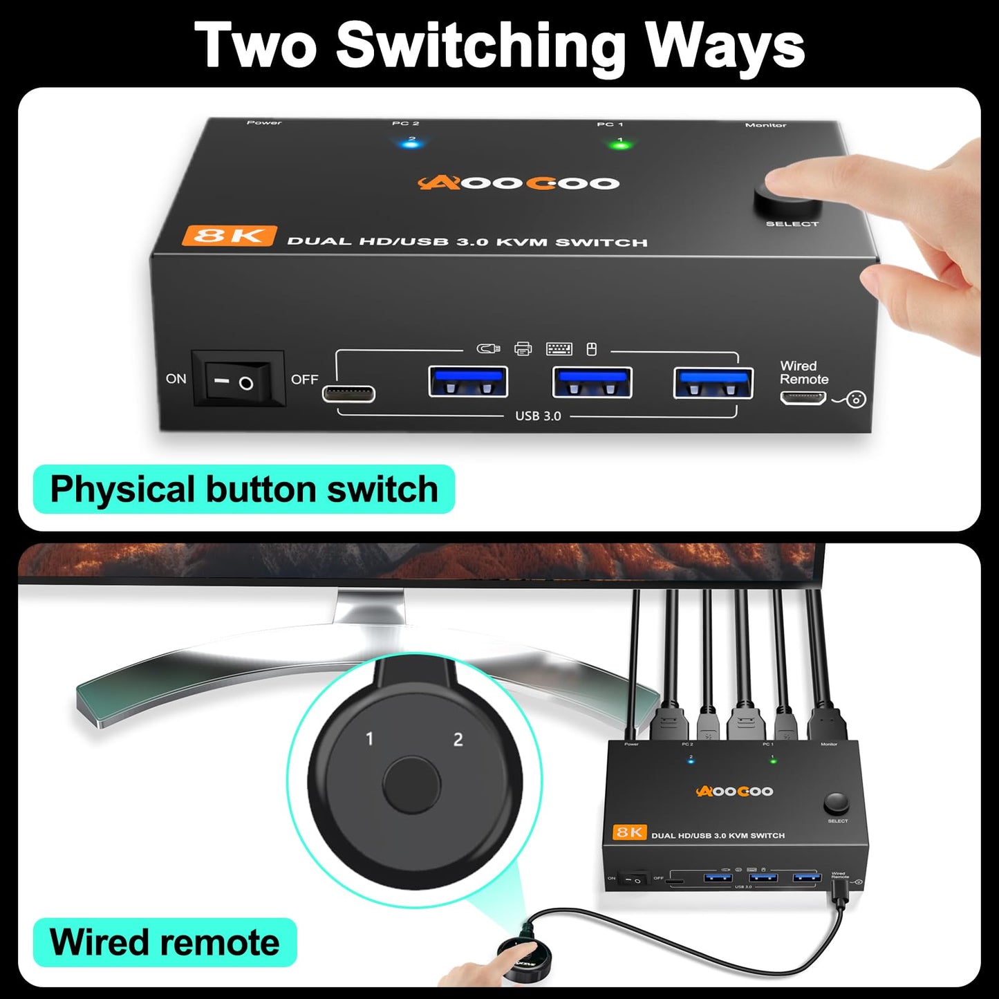 KVM Switch 2 Monitors 2 Computers 8K@60Hz/4K120Hz,HDMI USB3.0 Dual Monitors KVM Switches with 4 USB 3.0 Port,Wired Remote,USB3.0 Cables Included(8K 2