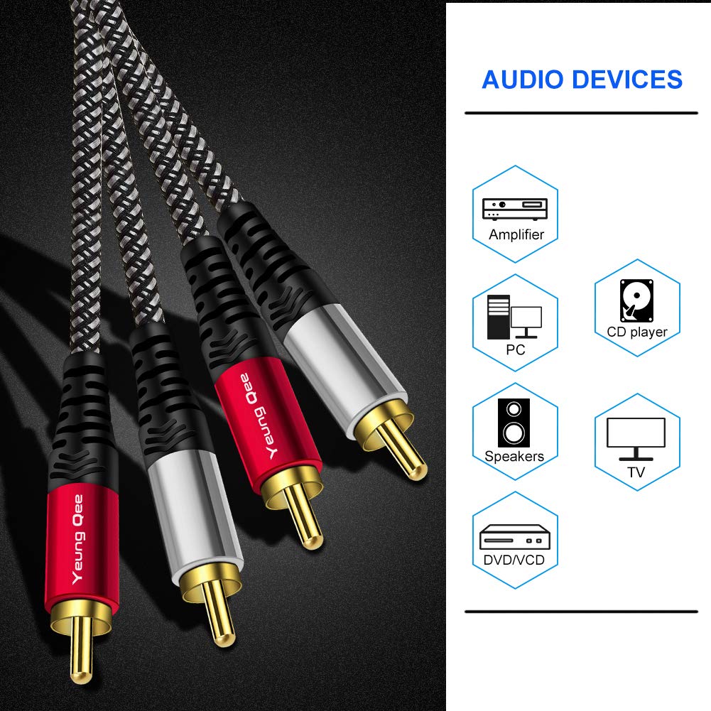Yeung Qee RCA Cable 50 ft, 2RCA Male to 2RCA Male Audio Stereo Subwoofer Cable Nylon-Braided Auxiliary Audio Cord for Home Theater, HDTV, Amplifiers