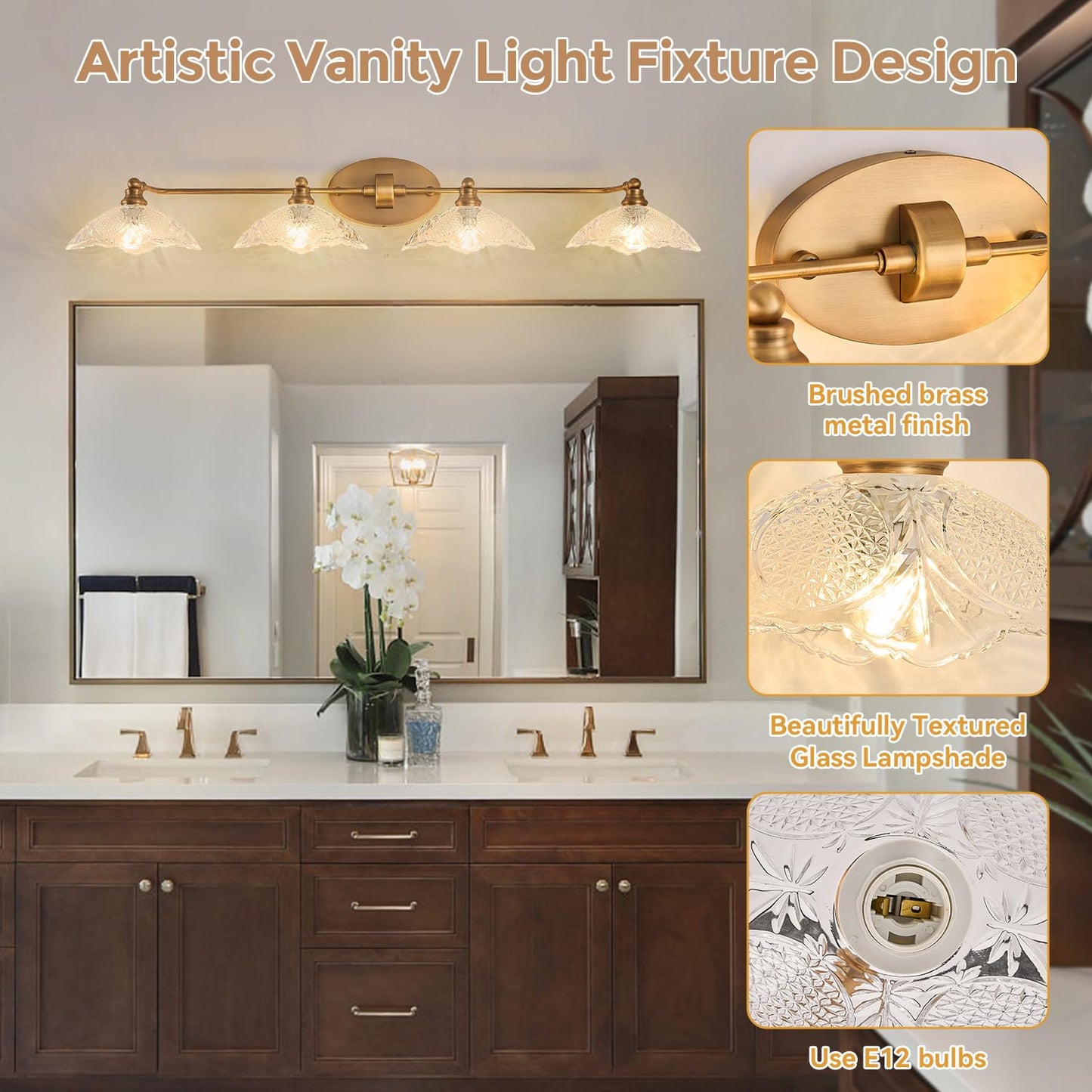 JSDKIUT Vintage Bathroom Mirror Light?Vanity Light?Vintage Bathroom Vanity Light Fixture 4-Light-A Brass