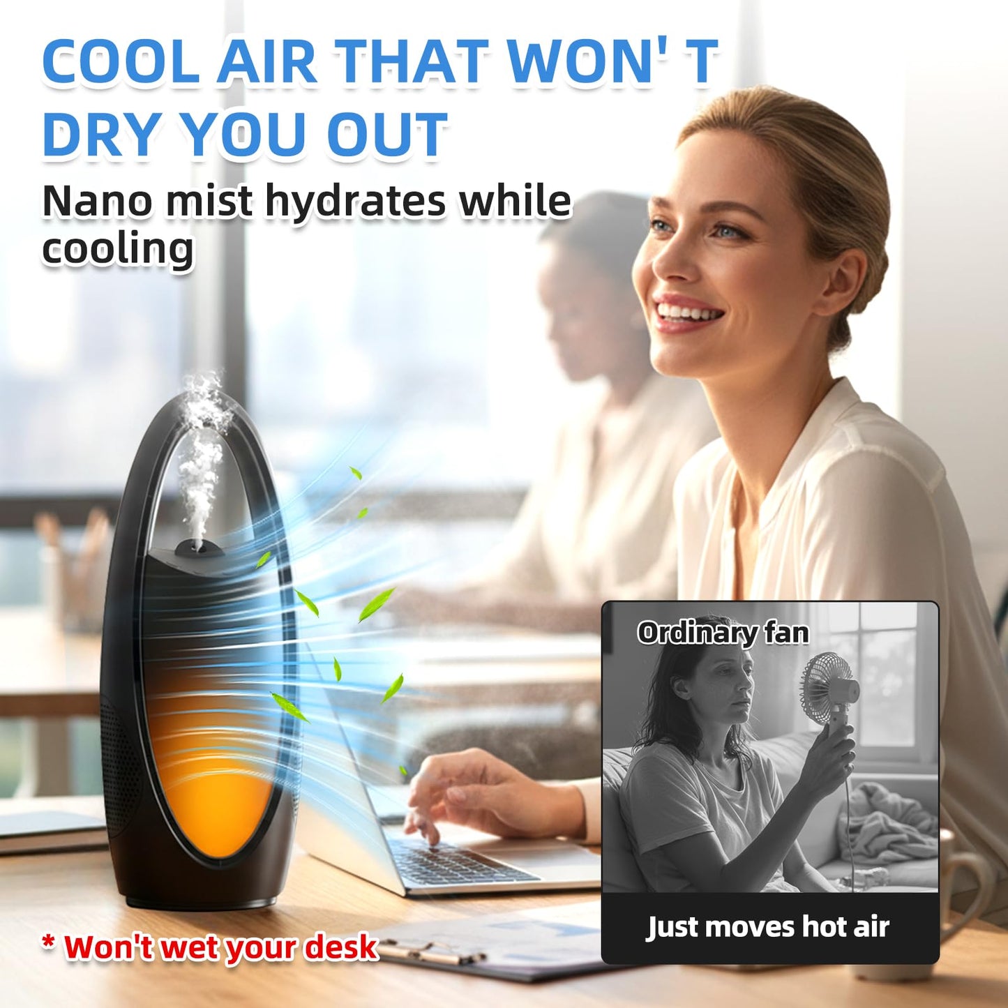Irrshe Bladeless Cooling Fan with Nano Cool Mist for Sleep & Hot Days, 13-Inch Rechargeable Quiet Desk Fan for Baby Nursery Bedroom Office Dorm