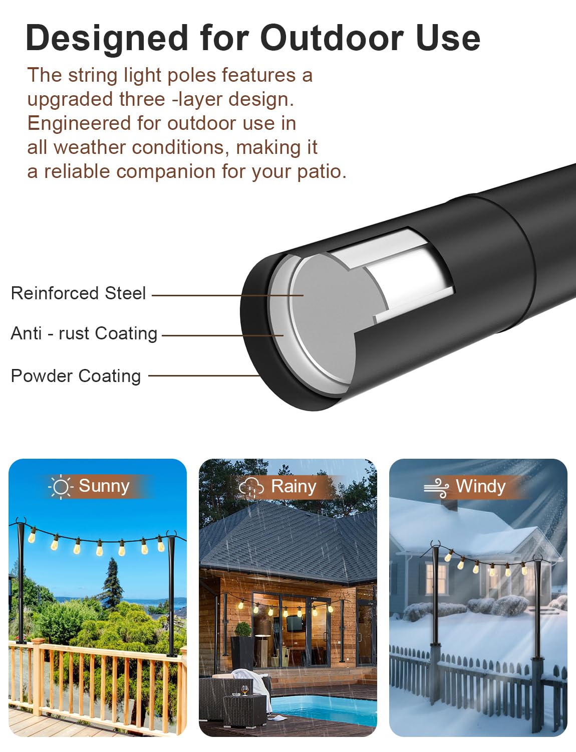 4 Pack String Light Poles for Deck, 5Ft Upgraded Heavy-Duty Metal Deck Light Poles for Outside with Fixing Clips, Lighting Hanging Post Accessories