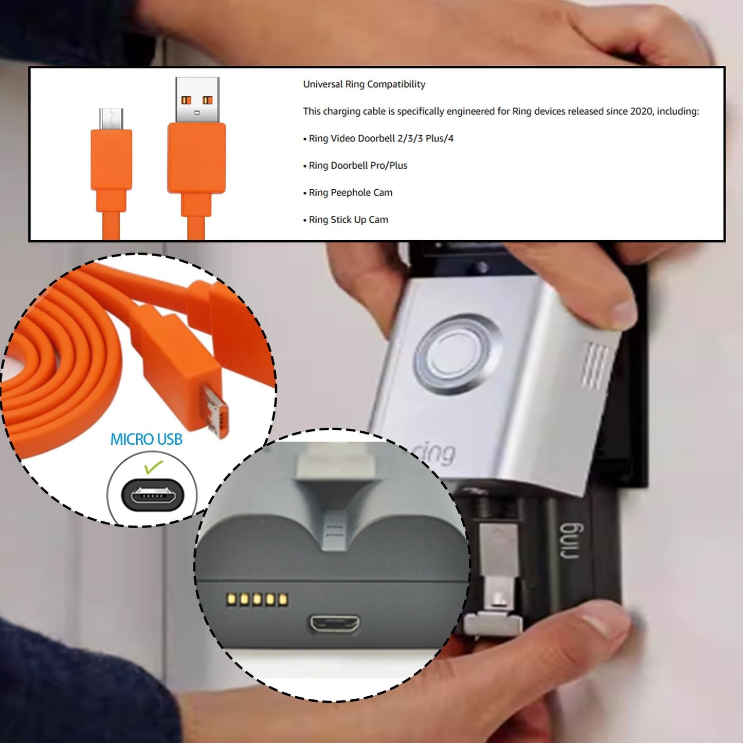 FSQWUR Replacement Charging Charger Cable Cord Compatible with Ring Enabled Video Doorbell (Released in 2020) 2/3/3 Plus/ 4, Peephole Cam, Doorbell