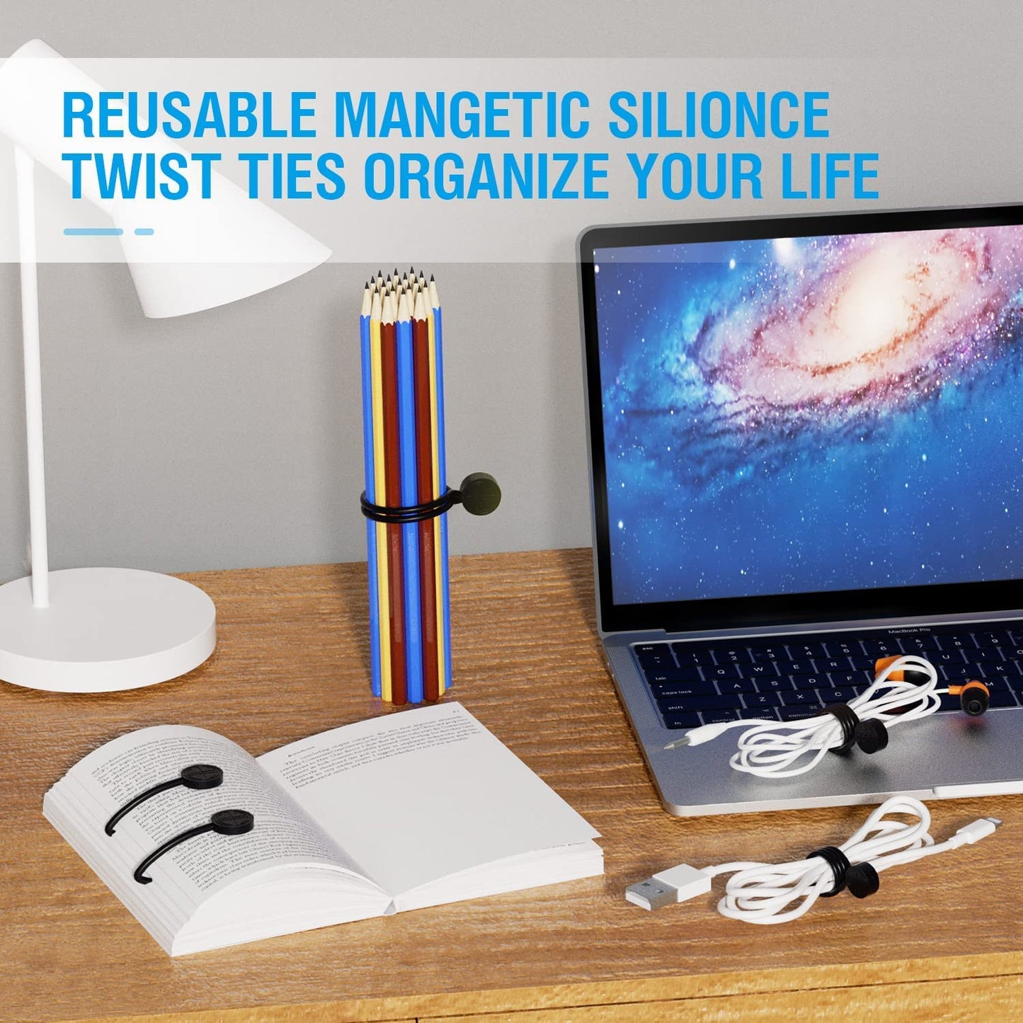 Magnetic Twist Ties, Reusable Silicone Cable Ties with Strong Magnet for Bundling and Organizing,Cord Wrap Clip Straps for Home or Office (Black-8