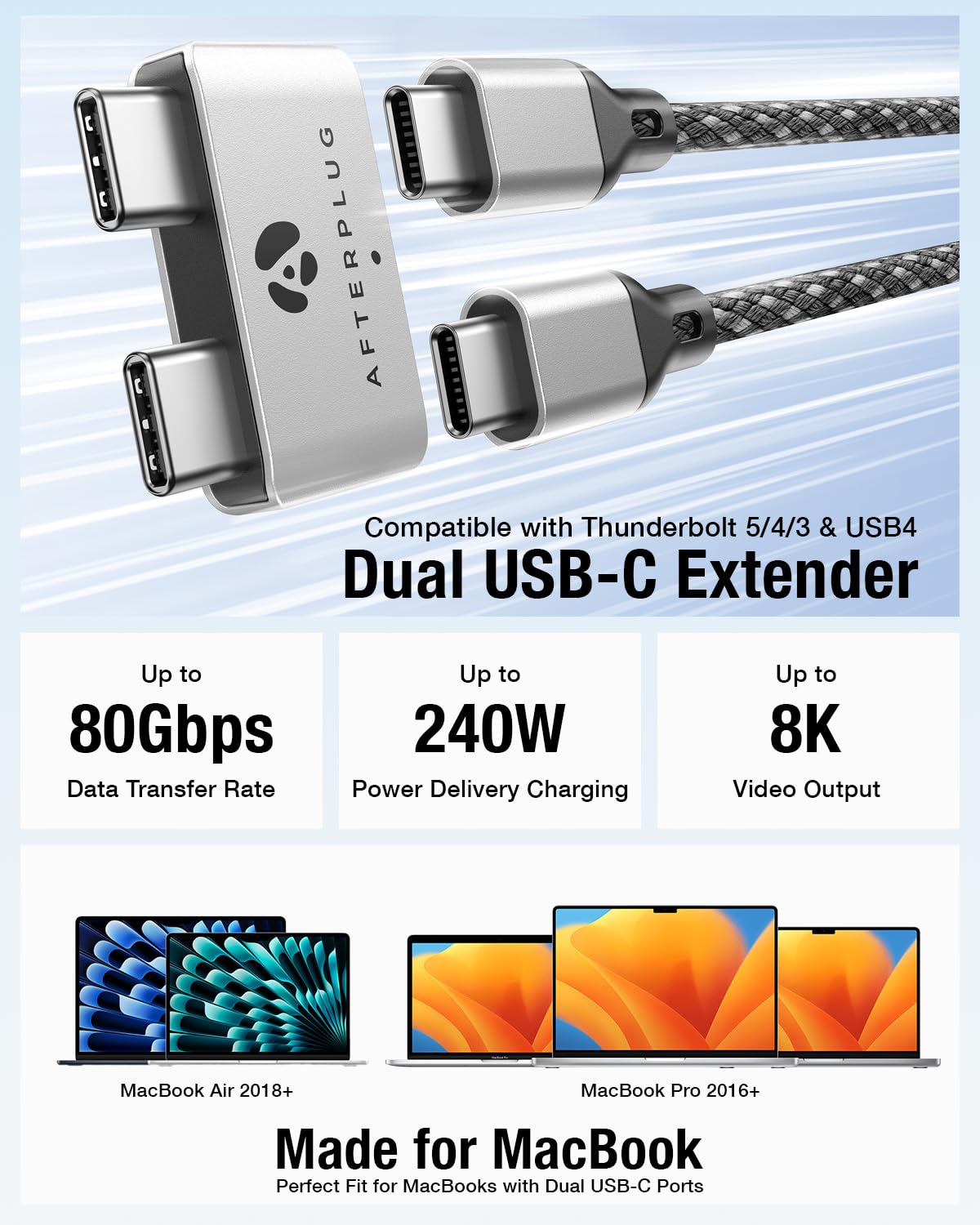 Afterplug Dual USB?C Extender for MacBook with Case, 2-Port Pass?Through Adapter for Thunderbolt 5/4/3 & USB4 - 240W PD, 8K Video, 80Gbps Data