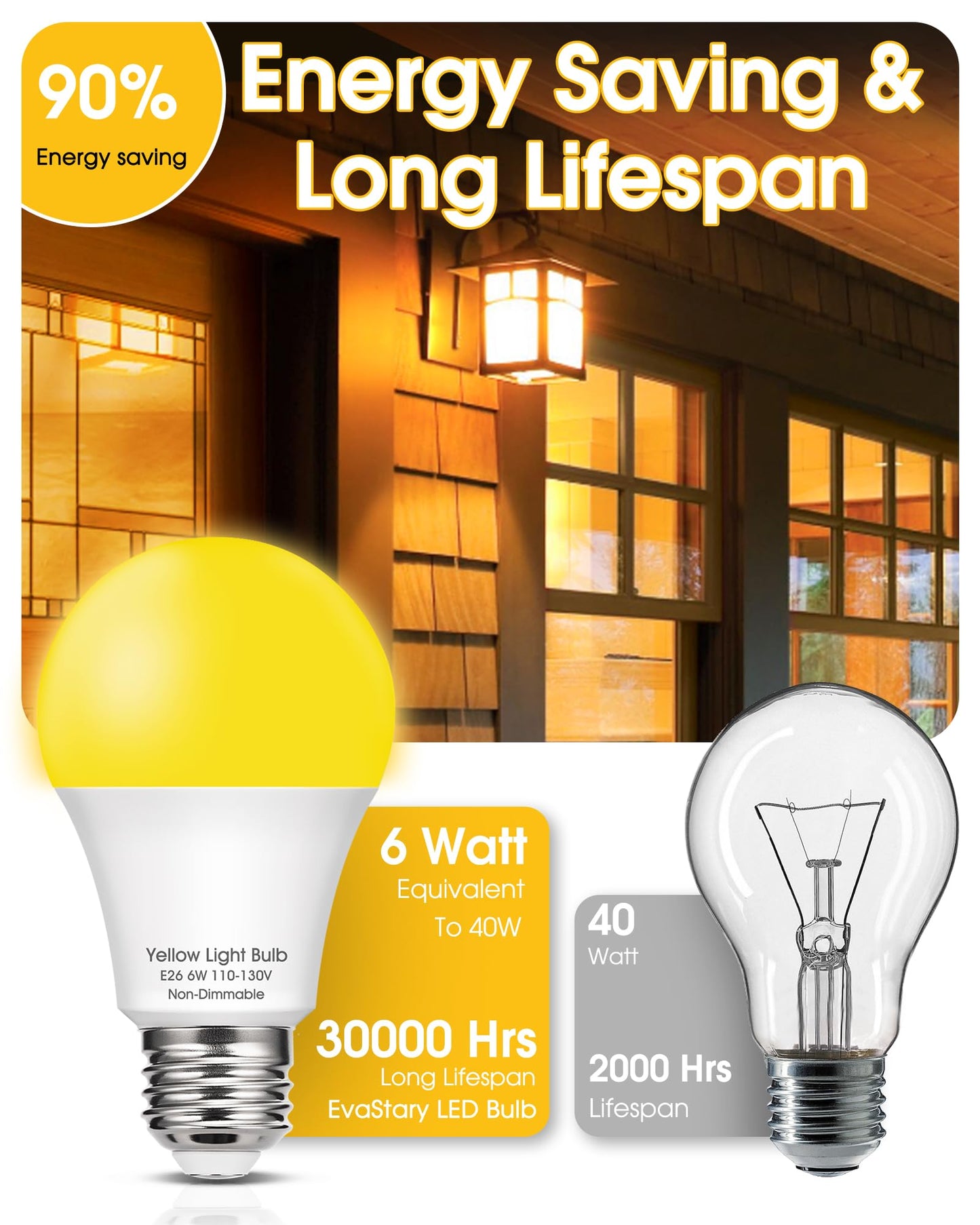 Bug Light Bulbs Outdoor, 40W Equivalent Amber Yellow A19 LED Bug Lights