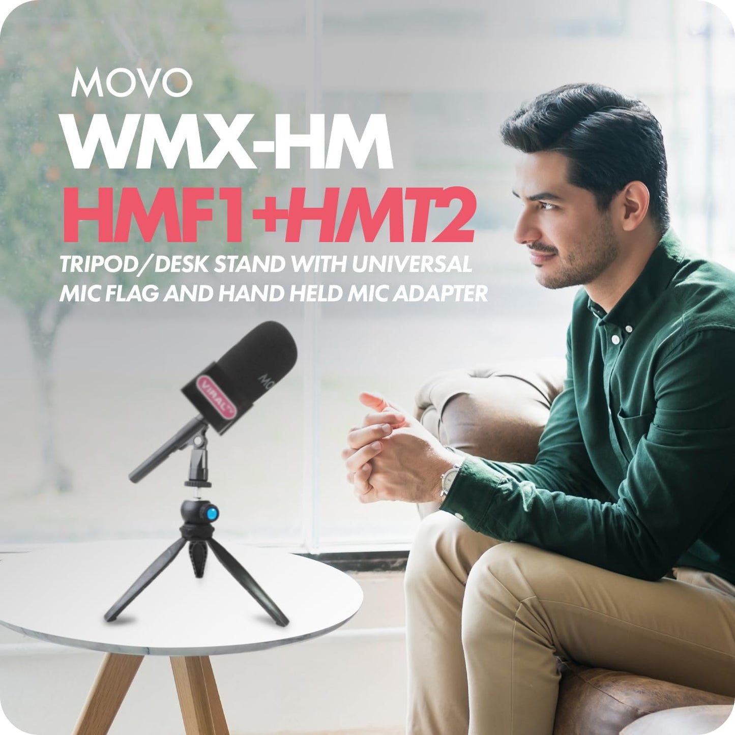 Movo WMX-HM Wireless Interview Microphone Adapter w/Mic Flag and Mic Stand - Compatible with DJI Mic, Rode Wireless GO, Hollyland Lark, and More - for