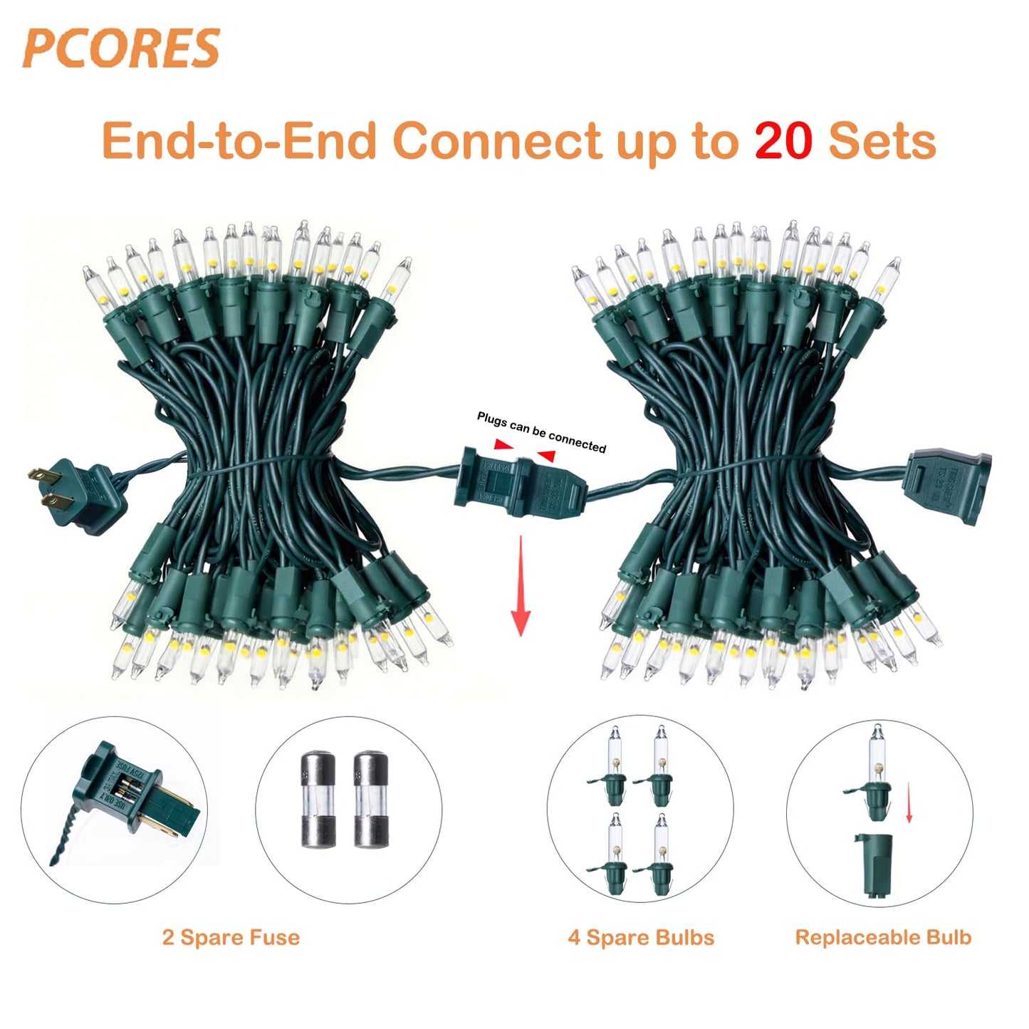 PCORES Mini Clear Christmas String Lights 52ft 200LED Warm White Outdoor String Lights, Fairy Lights Connectable Green Wire UL Certified (Includes 2