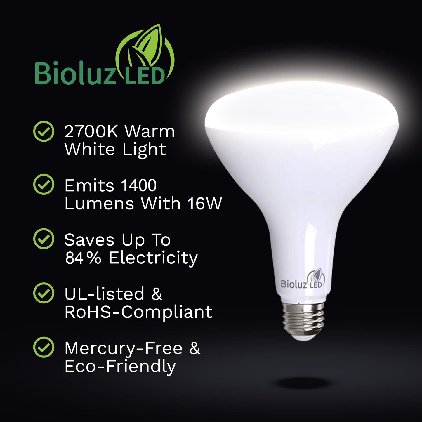 Bioluz 4 Pack Brightest BR40 LED Light Bulb - 90 CRI Instant ON Warm White 2700K Light Bulbs 16W 1400 Lumen Indoor & Outdoor Lighting Smooth Dimmable
