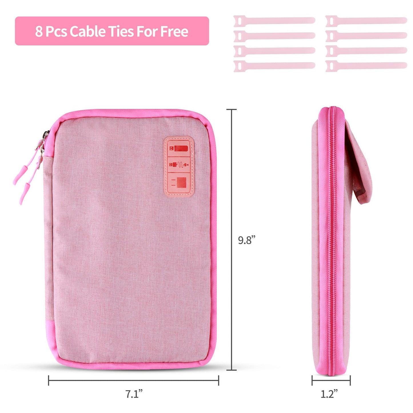 Rinvanic Cable Organizer Bag, Pink Travel Accessories Carry Cases Portable Cord Organizer Bag for Cable, Charger, Phone, USB, SD Card with 8pcs Cable