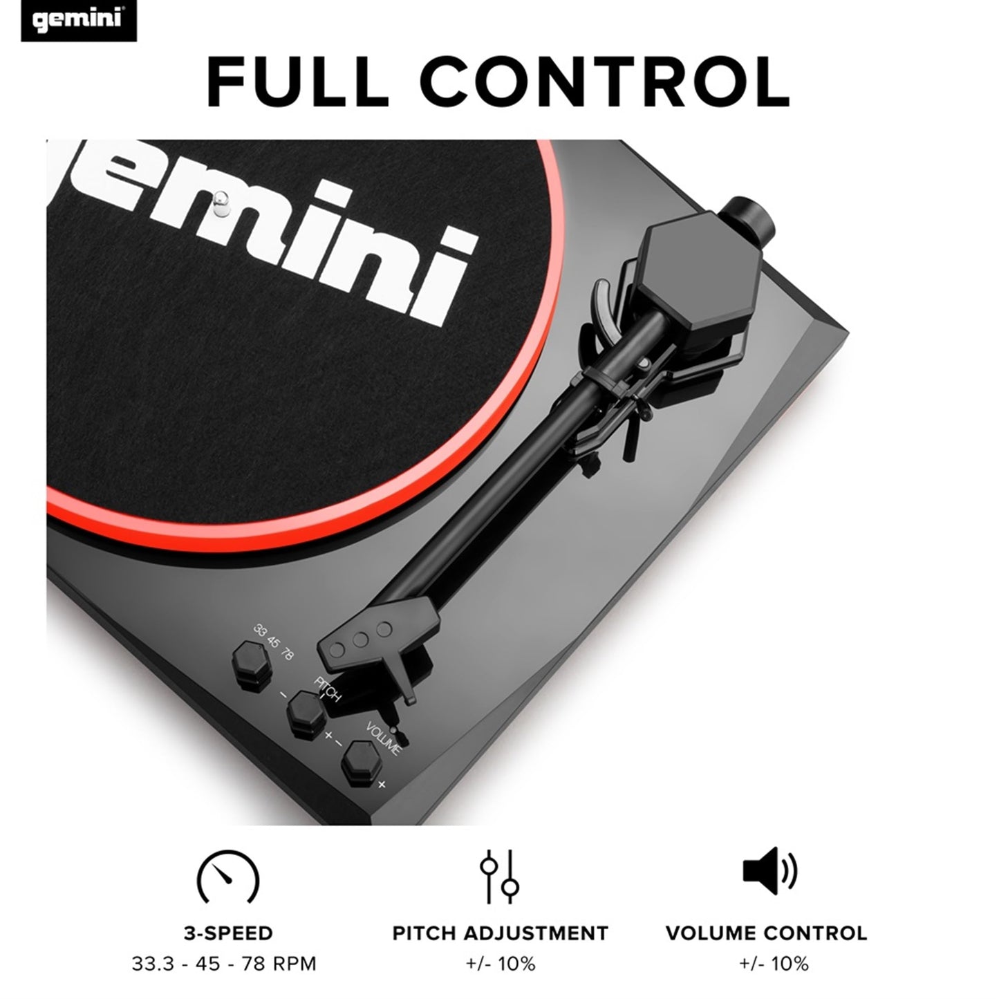 Gemini Sound TT-900 - Stylish 3-Speed Turntable with Wireless Bluetooth, Pitch Control, and Powerful 50W Speakers (Red)