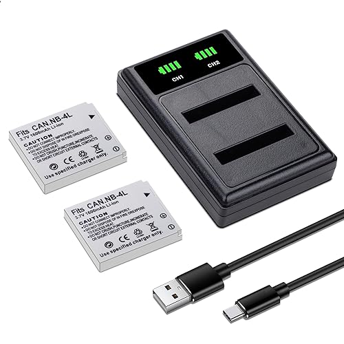 2-Pack NB-4L Battery with Smart LCD Display Dual Charger for Canon PowerShot ELPH 100 HS 300 HS 330 HS 310 HS SD1000 SD1100 is SD1400 is SD200 SD30