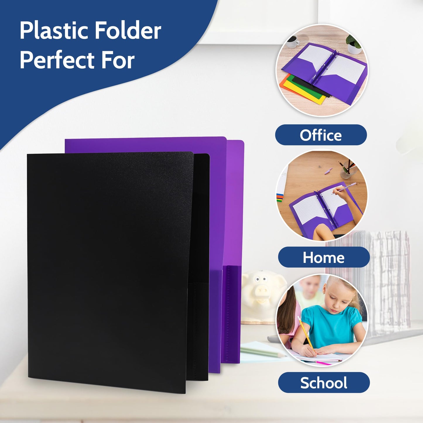 24 Pack Blue Plastic Folders with Pockets Heavy Duty. 2 Pocket Folder no Prongs Bulk. Tear-Resistant Letter Size 8.5x11. Presentation Ready School