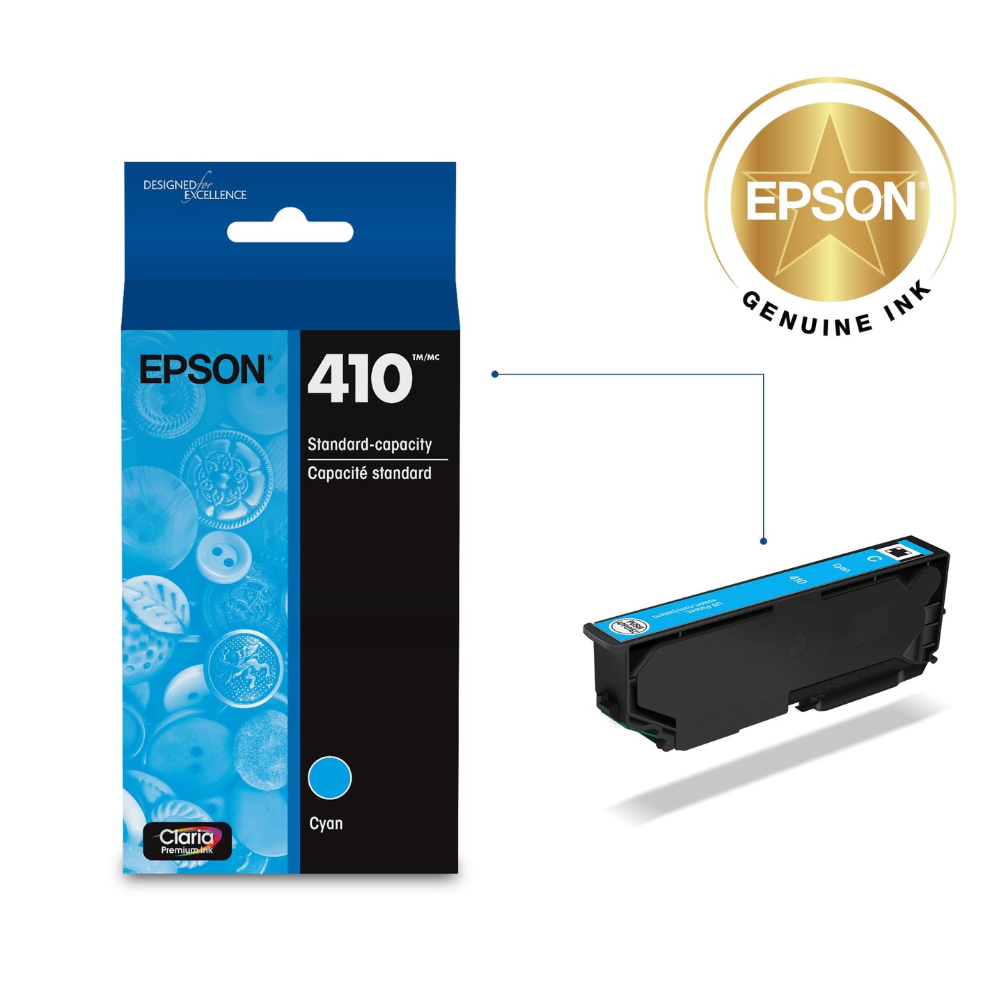 EPSON 410 Claria Premium Ink Standard Capacity Cyan Cartridge (T410220-S) Works with Expression XP-530, 630, 640, 7100, 830