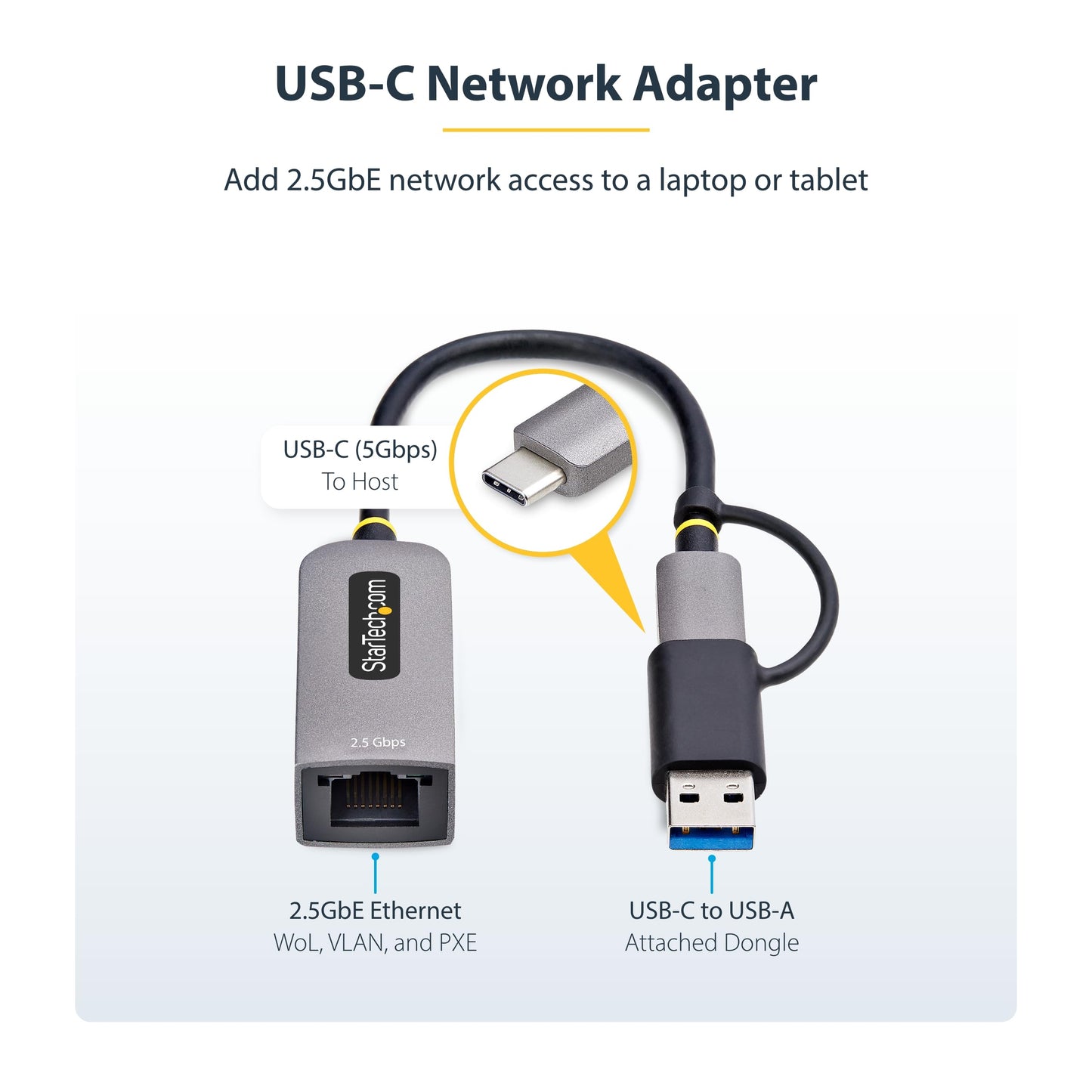 StarTech 2.5GbE USB-C to Ethernet Adapter, USB-A Converter, NBASE-T NIC