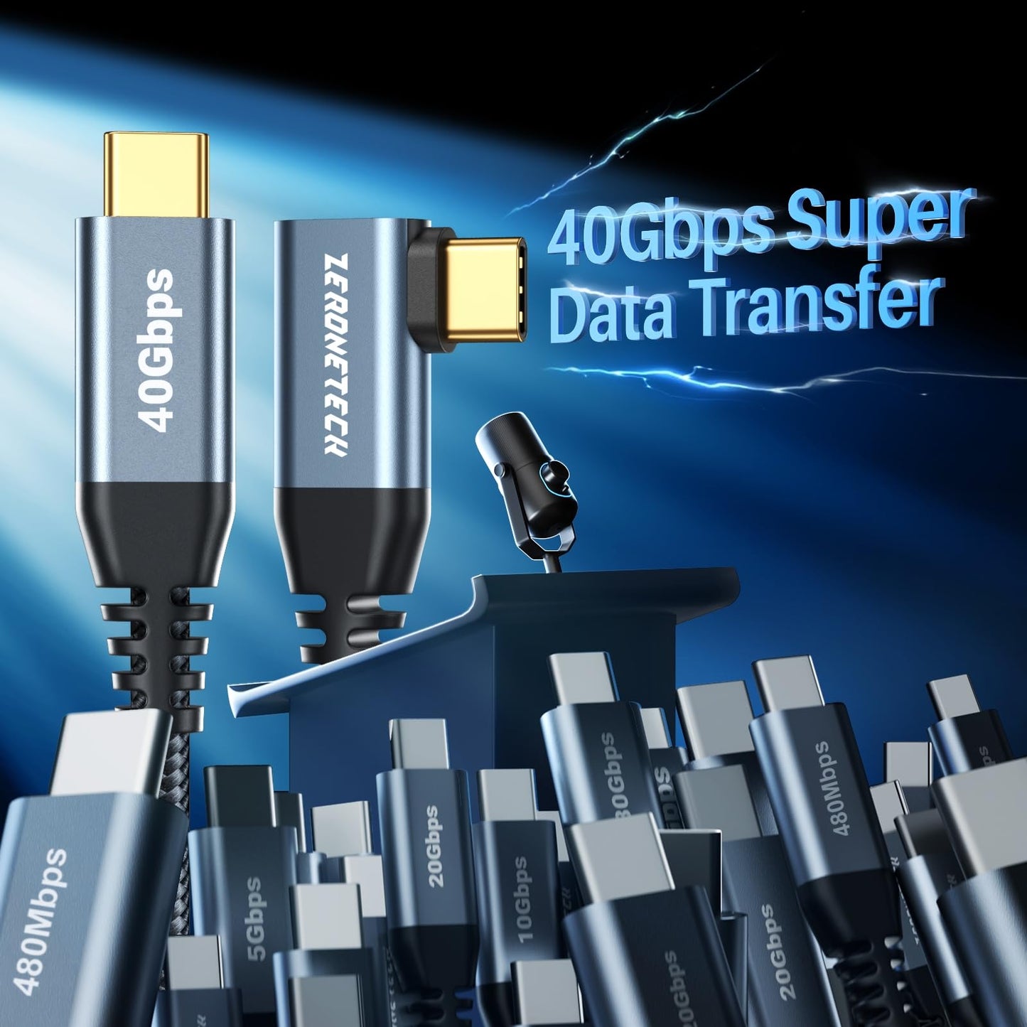 ZeroneTeck USB C Monitor Cable 8K@60Hz/4K@144Hz, 40Gbps High Speed Data Transfer, Right Angle Display Video Cable, 90 Degree USB C 3.2 Gen 2x2 240W PD