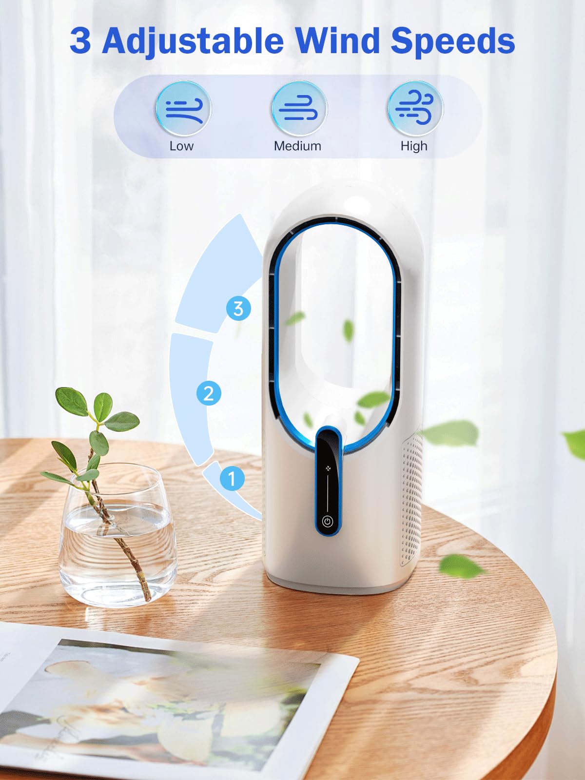 Misby Desk Fan, 11.8 Inch Portable Bladeless Fan, Small Rechargeable Table Fan with Battery, 3 Adjustable Speeds, Touch Control, Easy to Clean, Quiet