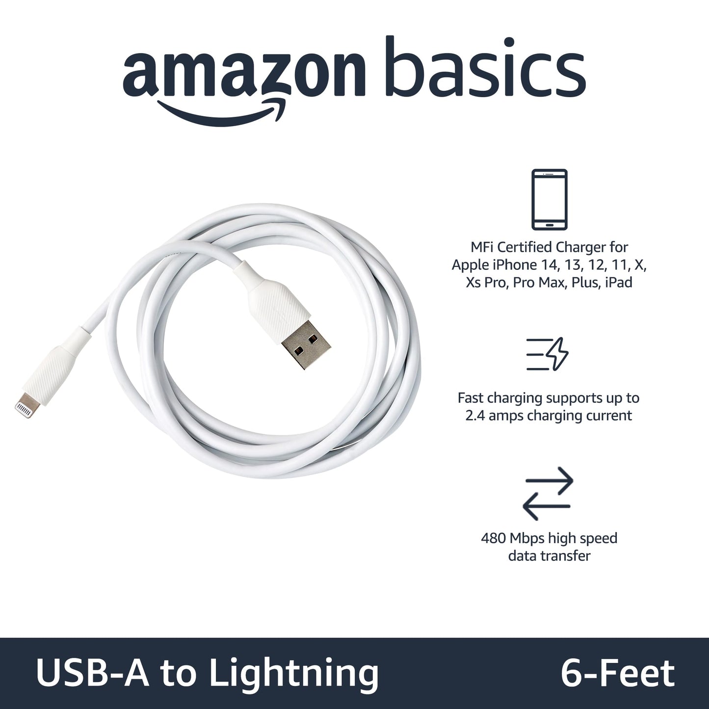 Amazon Basics 2-Pack Fast Charging USB-A to Lightning ABS Durable Charger Cable, MFi Certified for Apple iPhone Charging, iPhone 14 13 12 11 X Xs…