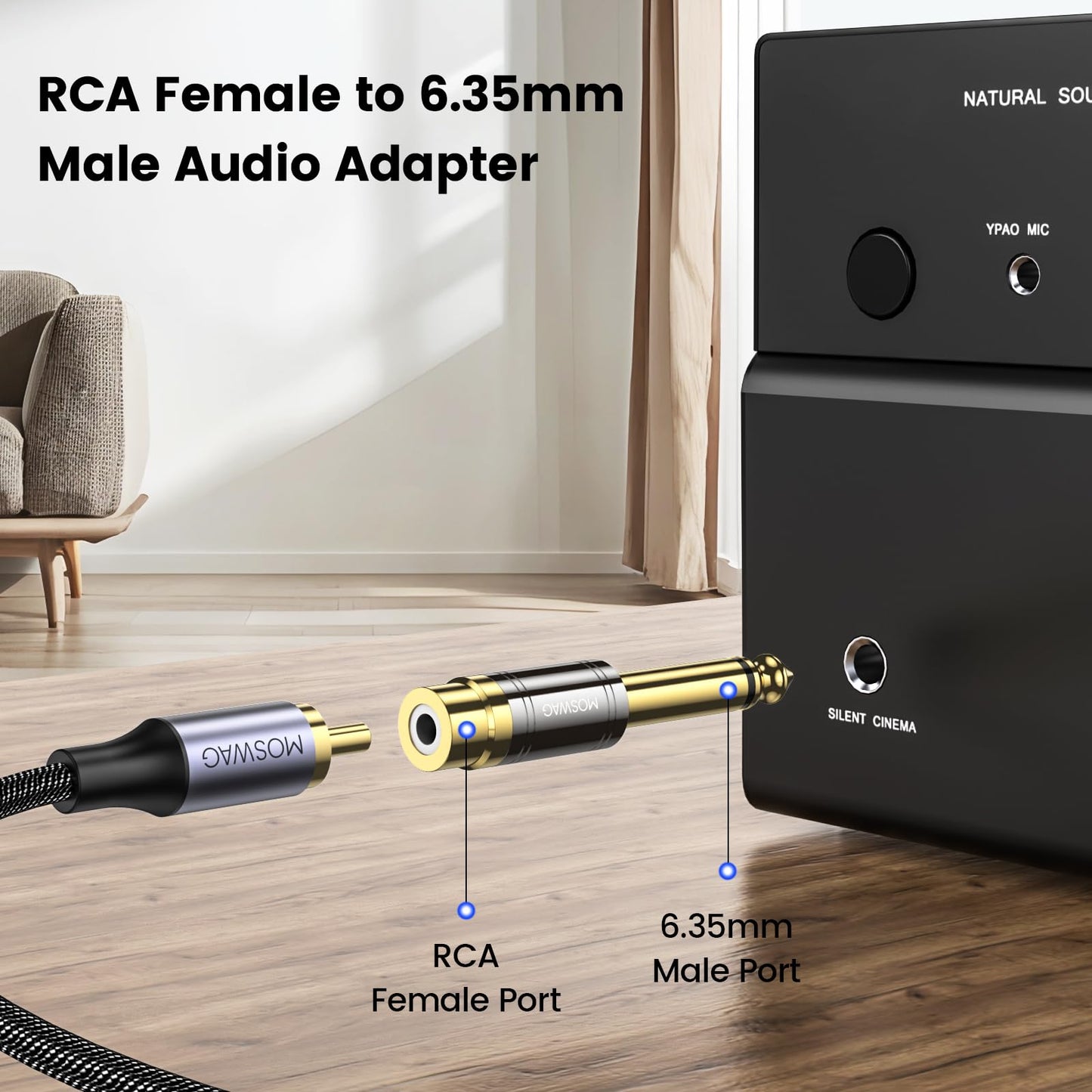 MOSWAG RCA to 1/4 Adapter,6.35mm 1/4 Inch Mono TS Male to Female RCA Audio Conversion Plug,Suitable for Home Theater Systems and Audio Equipment, Gold