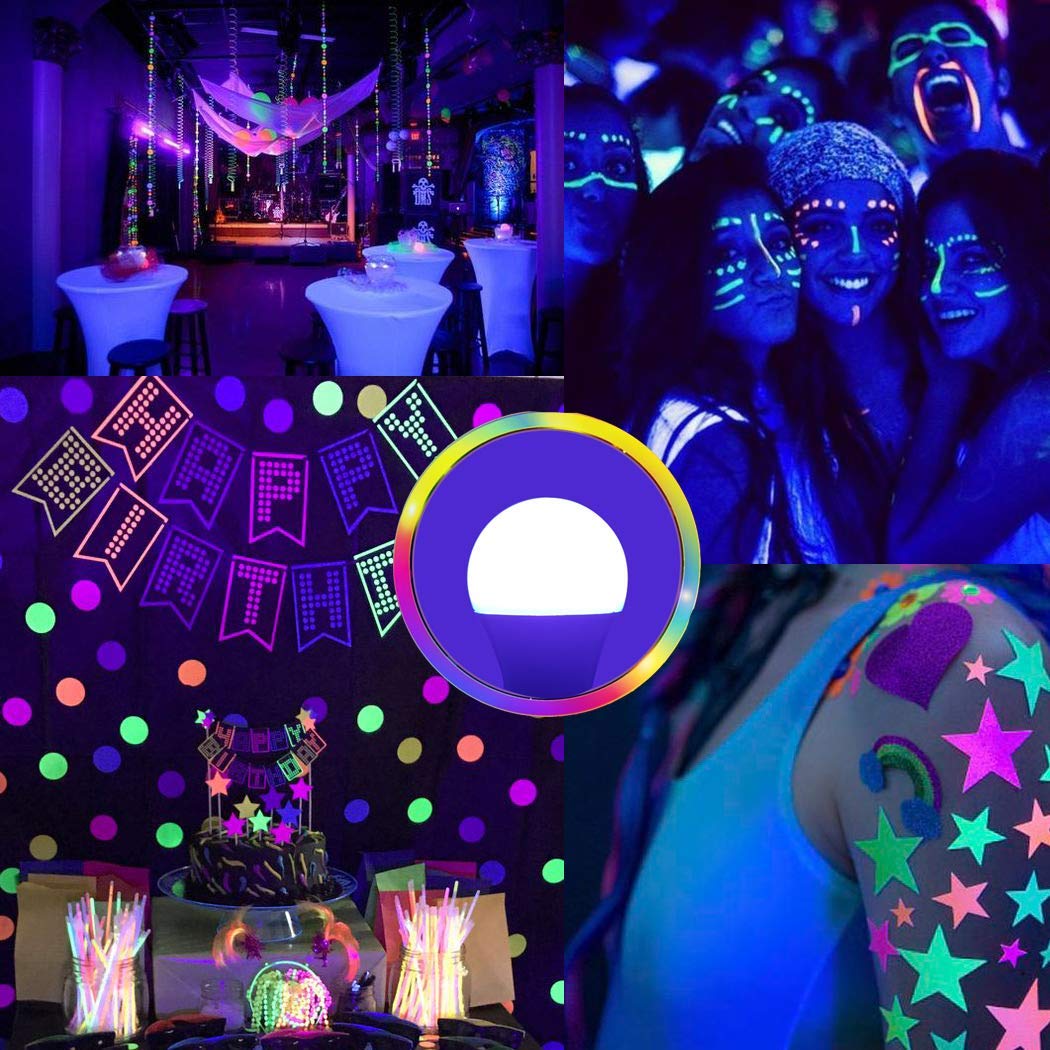 GREENIC UV Led Black Light Bulb 2 Pack, 8W (60W Equivalent) A19 E26 Blacklight Bulb UVA Level 385-400nm, Glow in Dark for Body Paint Club Party Neon