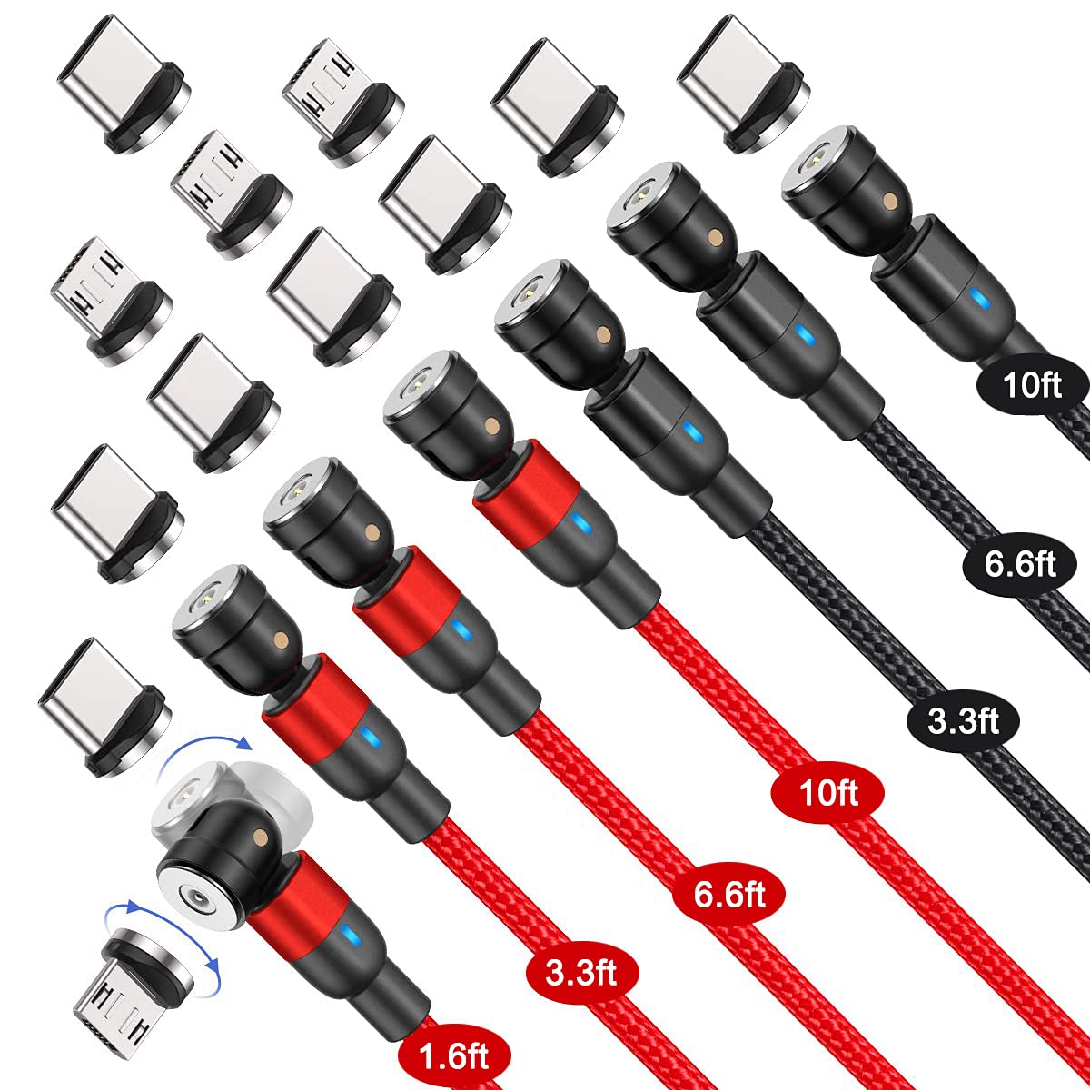 Bojianxin 540 Rotation Magnetic Charging Cable (7-Pack, 1.6ft/3.3ft/3.3ft/6.6ft/6.6ft/10ft/10ft) - 3 in 1 Magnetic Phone Charger Compatible with Micro