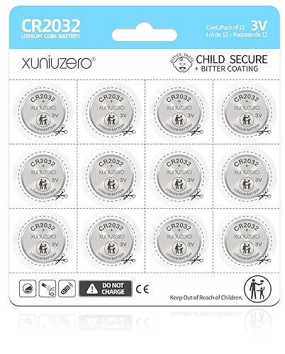 XUNIUZERO 2032 Lithium Battery (12 Pack) Child Safety Features Compatible with AirTag Key Fob Tea Light Candles and Other Devices CR2032 3V Coin…