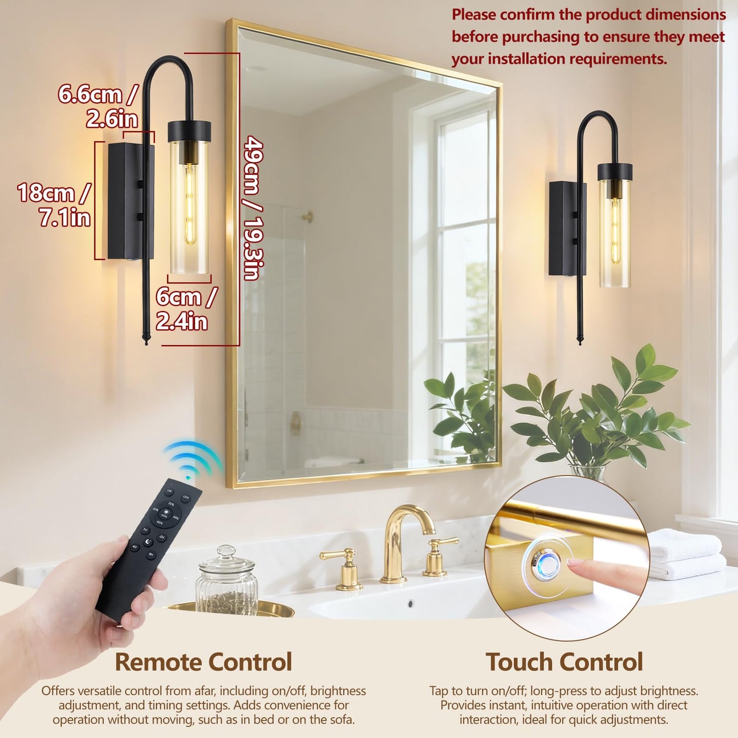 Battery Operated Wall Sconces Set of 2, 19" Dimmable Timer Remote Black Rechargeable Wireless Modern Wall Lights with Clear Glass, Wall Decor Fixtures