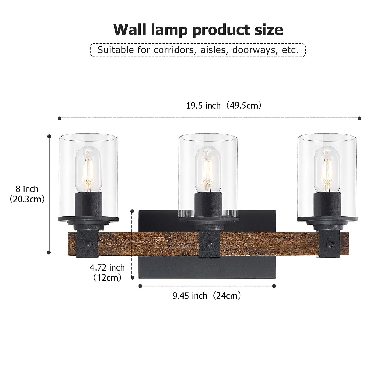 DUJAHMLAND Farmhouse Vanity Light Fixture,3-Light Bathroom Wood Wall Light Over Mirror with Clear Glass Shade, Rustic Vintage Wall Sconce