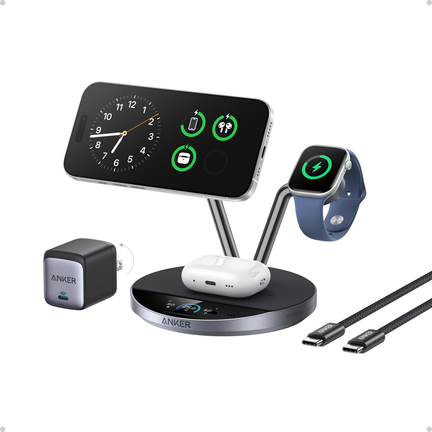 Anker Prime 3-in-1 Charging Station, Qi2.2-Certified 25W Wireless Charger Dock Stand, MagSafe Compatible, Smart Display with TEC Active Cooling
