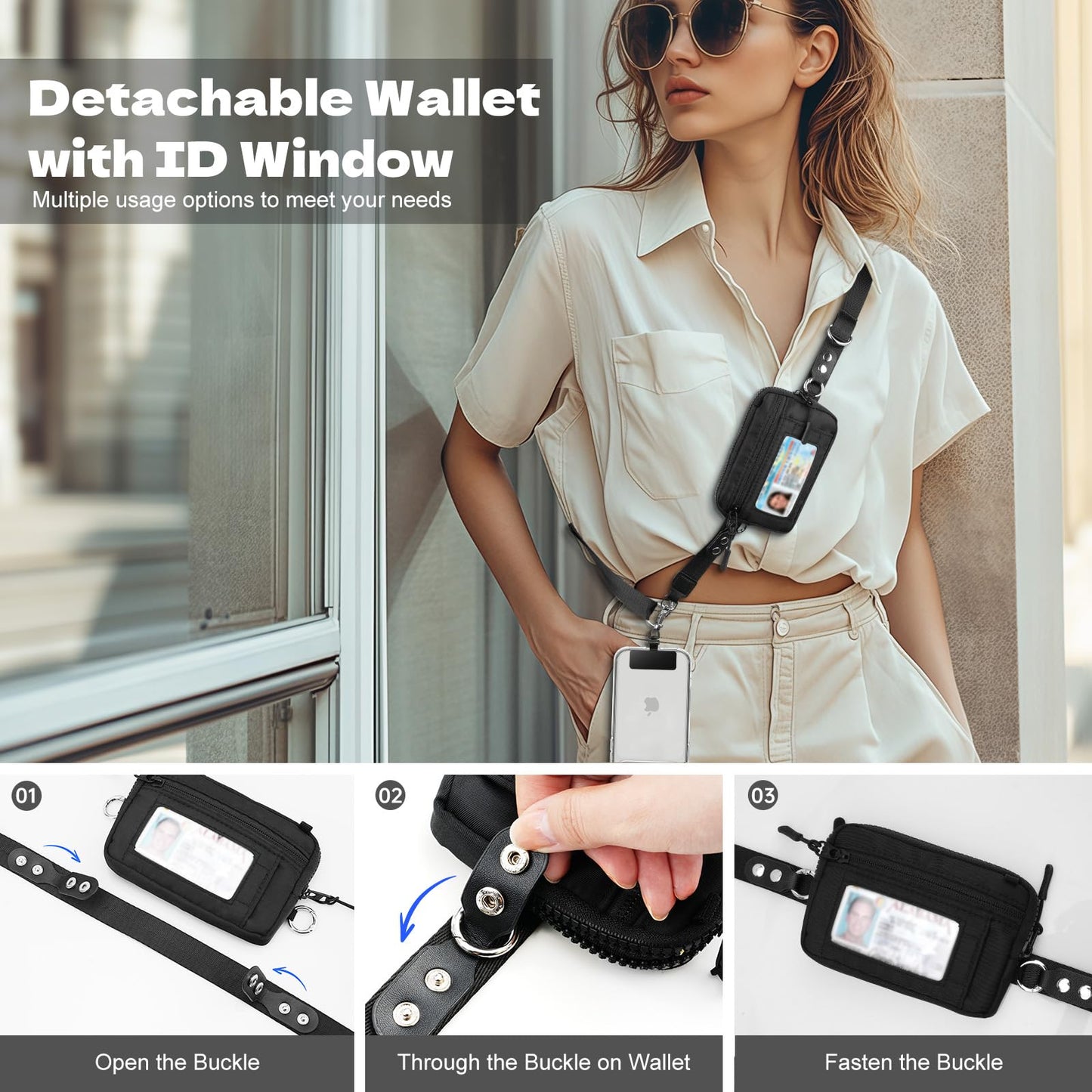 TiMOVO Clip and Go Phone Strap Crossbody with Detachable Wallet, RFID Blocking, Adjustable Anti-Theft Phone Lanyard, Black