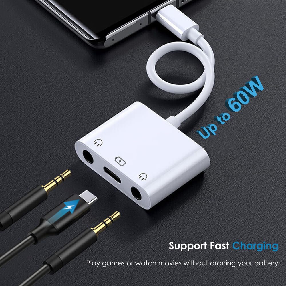 USB C to Dual 3.5mm Headphone Jack Adapter USB C to 3.5mm Audio Adapter 3 in 1 Aux to USB C Headphone Splitter and Fast Charger for iPhone 17 16