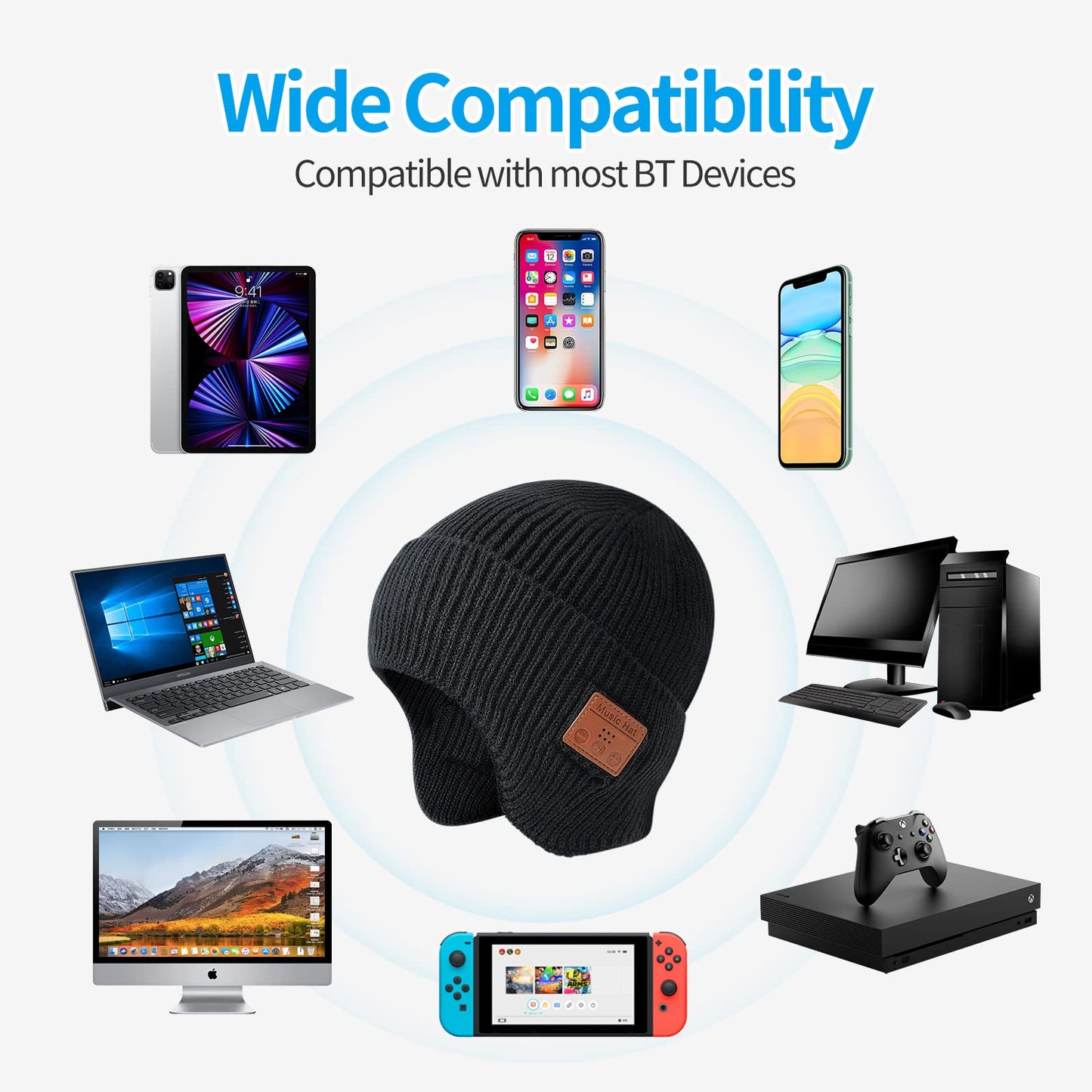 Bluetooth Beanie Hat with Headphones, Wireless Winter Hat Built in Microphone and Stereo Speakers (Black)