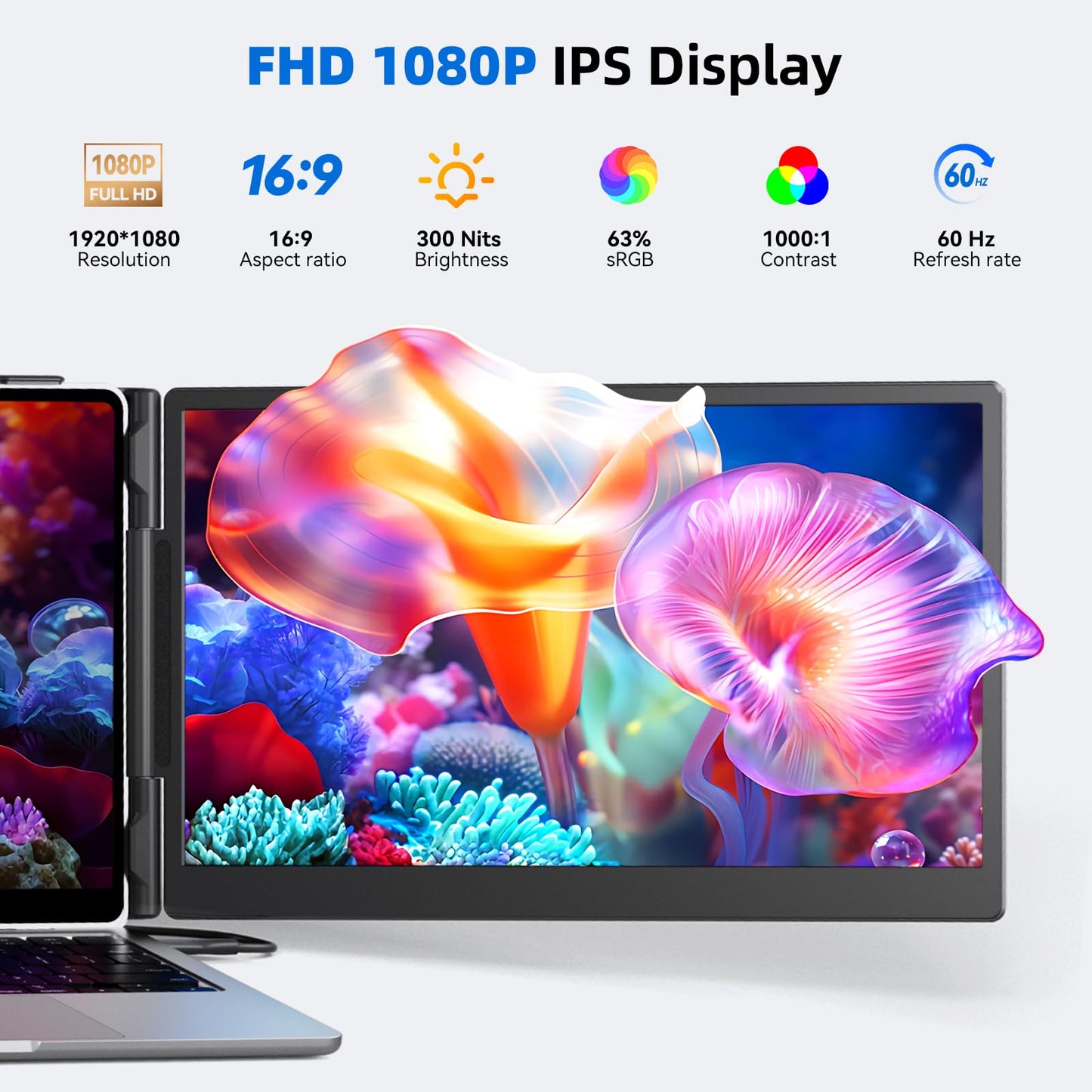DZVW Laptop Screen Extender 14", FHD 1080P Portable Monitor for Laptop, Light Monitor Extender Plug&Play, IPS Display Computer Monitor for Laptop