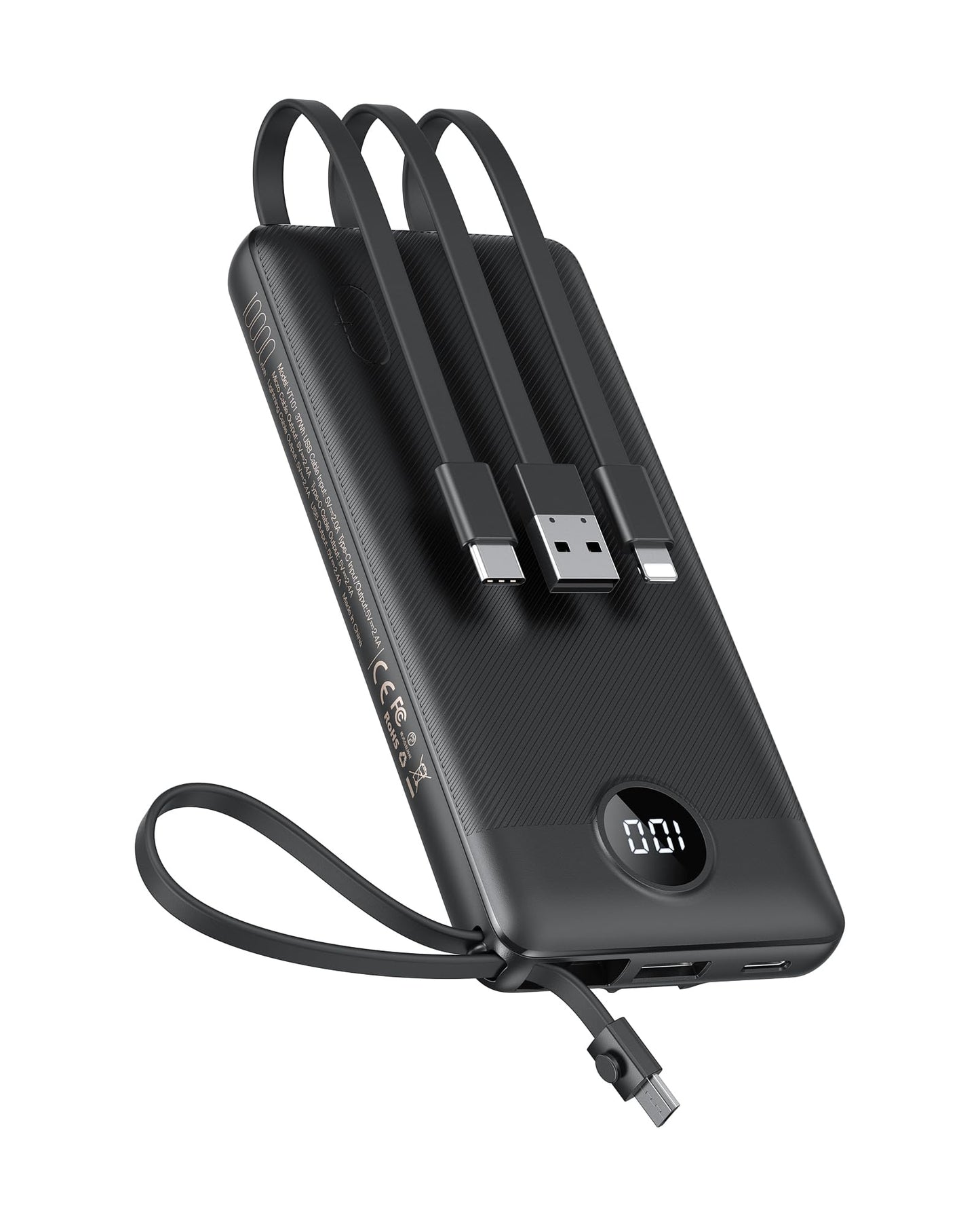 VEEKTOMX Portable Charger with 4 Built-in Cables - 10000mAh Slim Power Bank, USB-C Battery Pack with iPhone & Micro USB, TSA Approved Travel Charger