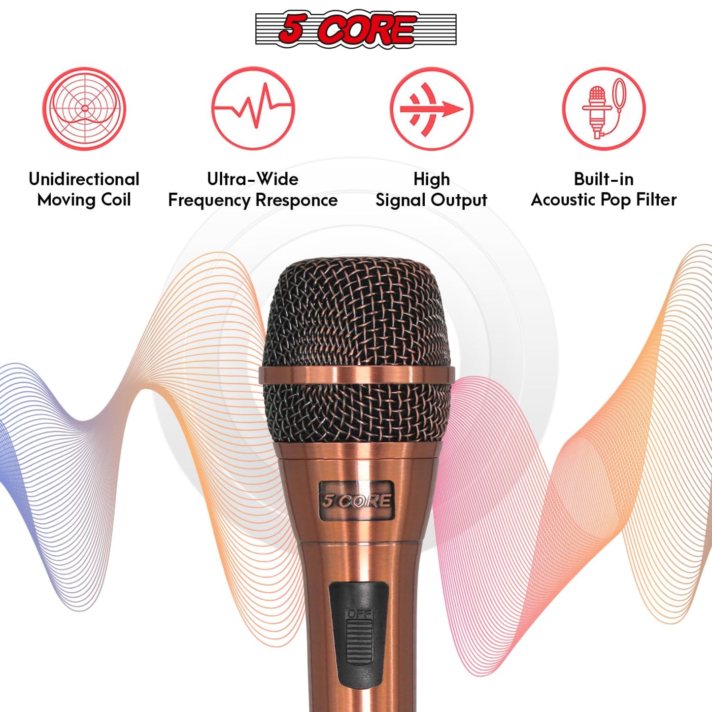 5 CORE Professional Dynamic Vocal Microphone Neodymium Cardioid Unidirectional Handheld Mic for Singing + 16ft Cable + Clip + Bag ND-807 CoppereX