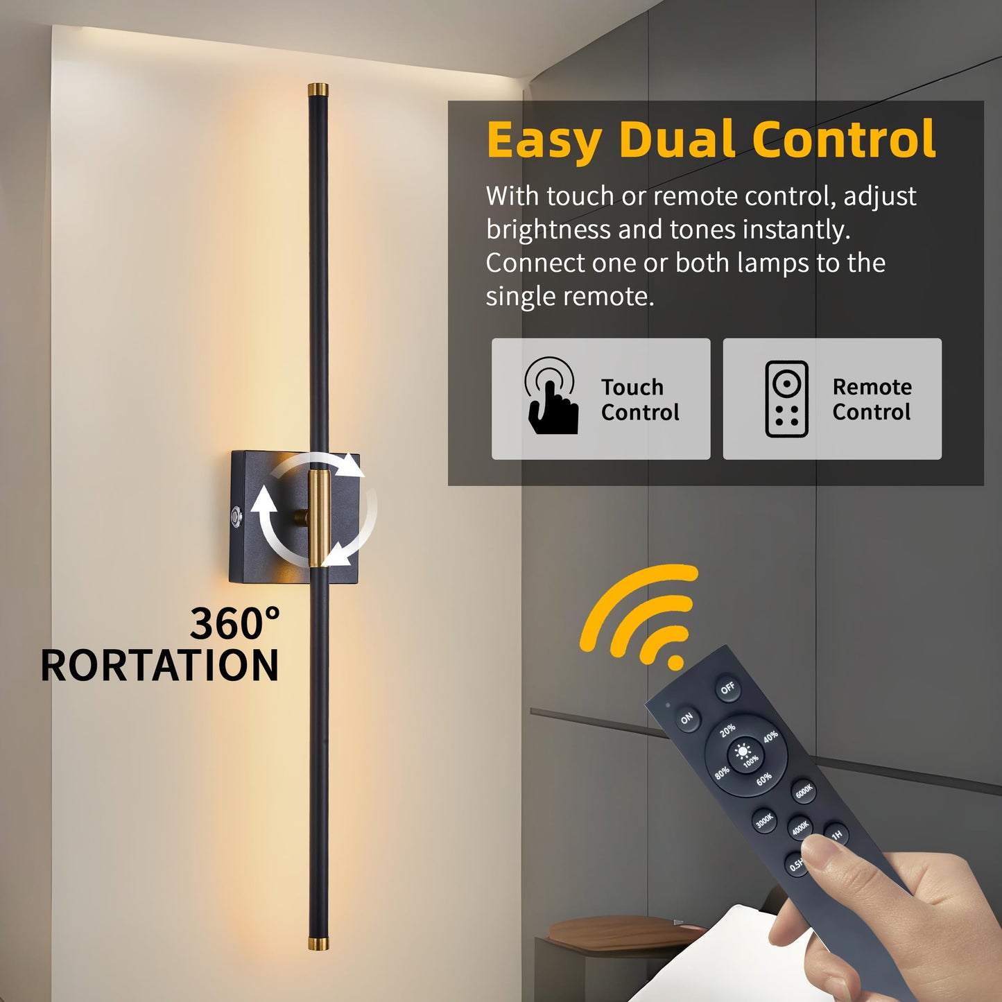 15800 mAh Battery Operated Wall Sconces with Remote Control Dimmable Wall Sconces Set of Two 3000K LED Black and Brass Wireless Wall Light Battery