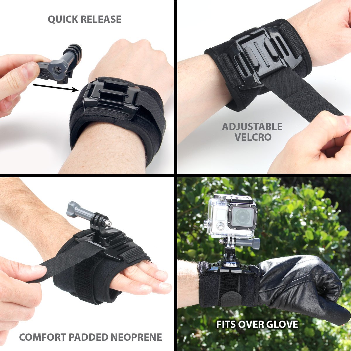 USA GEAR Wrist Strap Band Style Action Camera Mount w/ 2-Point Neoprene Strap, J Hook and Tripod Adapter - Compatible with GoPro Hero 13 Black, GoPro