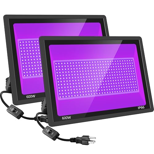 Sunkkes 2 Pack 600W LED Black Lights, Blacklight Flood Light with Plug, IP66 Waterproof, for Dance Party, Glow in The Dark, Stage Lighting, Aquarium