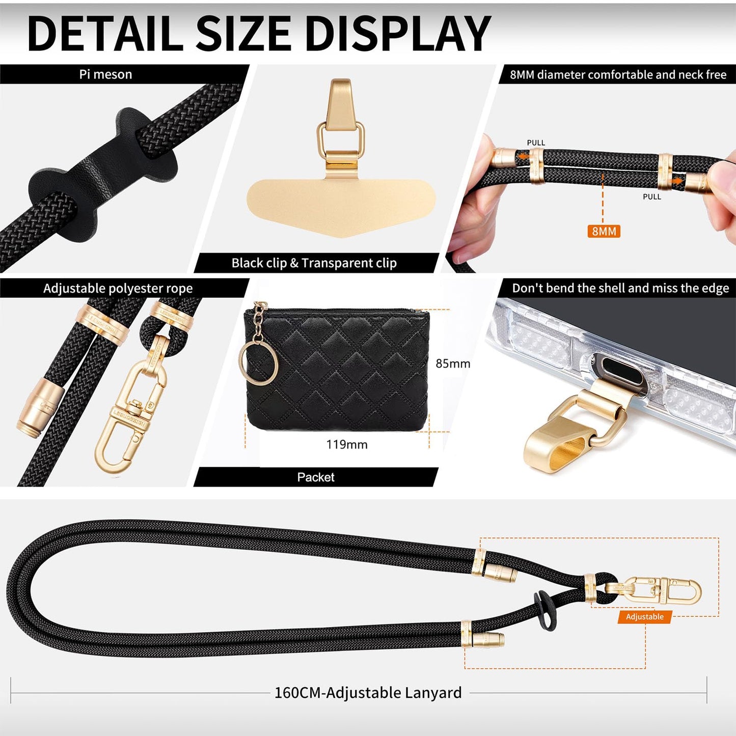 Phone Lanyard Crossbody with Leather Zipper wallet,2 Phone Tabs,360 ° rotation Premium Metal Buckles Anti theft Adjustable Lanyard,for All