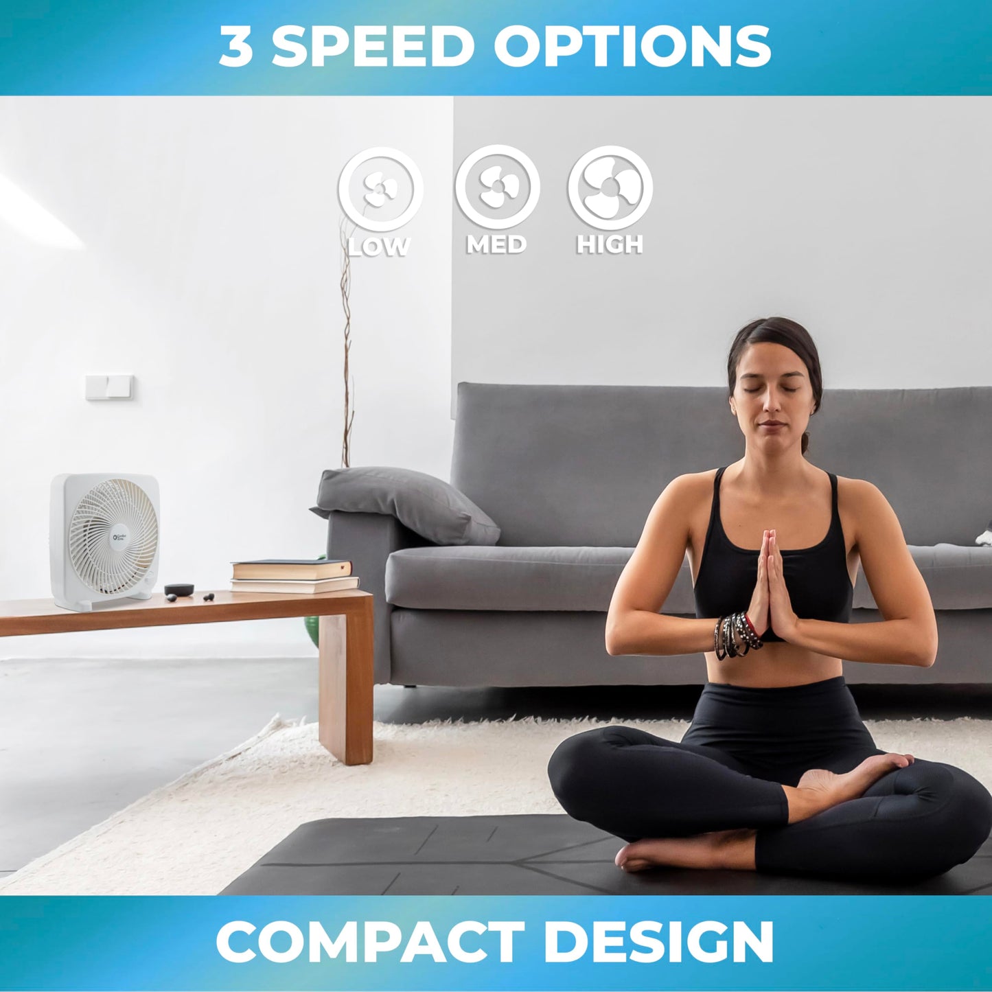 Comfort Zone Box Fan, 9 inch Portable Desk fan, Quiet 3 Speed Mini Fan for Bedroom, Electric Bedside Table Fan, White
