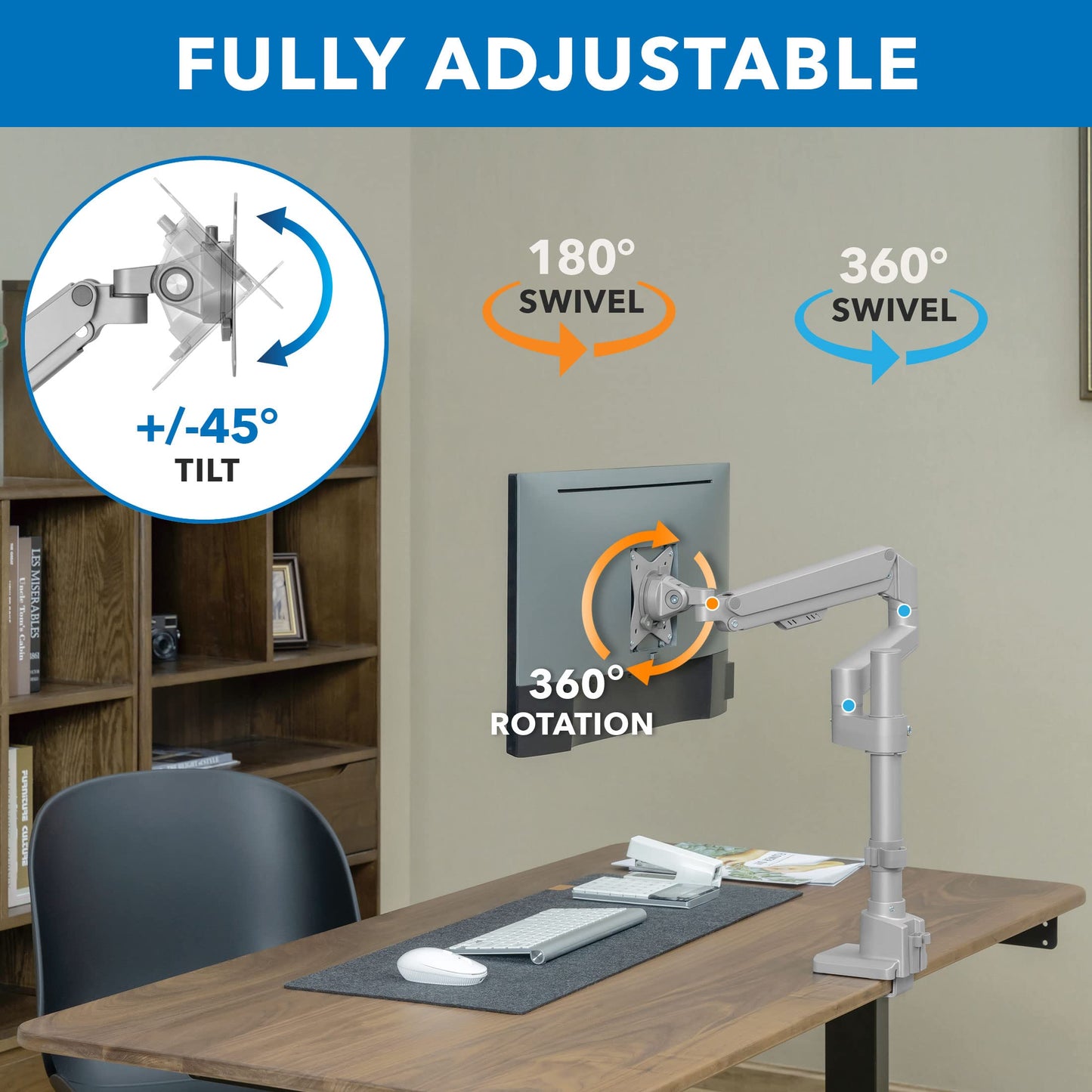 Mount-It! Single Monitor Desk Mount - Pole Mounted Gas Spring Arm, Full Motion Height Adjustable Monitor Stand with C-Clamp or Grommet Base, Fits