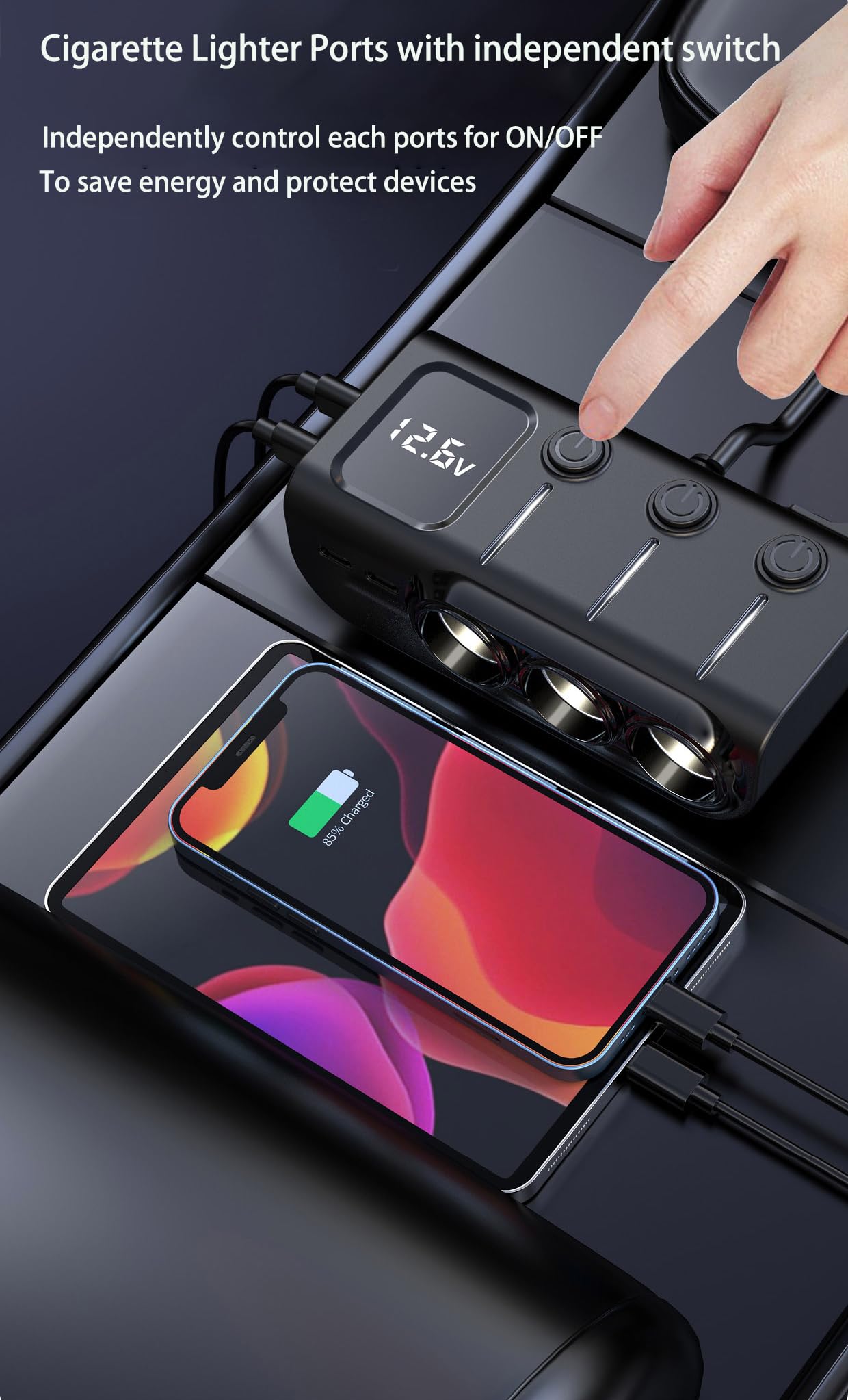 8 in 1 Cigarette Lighter Splitter, 120W 3 Socket Car Charger Adapter,5 USB,Type-C PD36W, Fast Charging,12V/24V Input, Built-in Protecter, Zero Risk