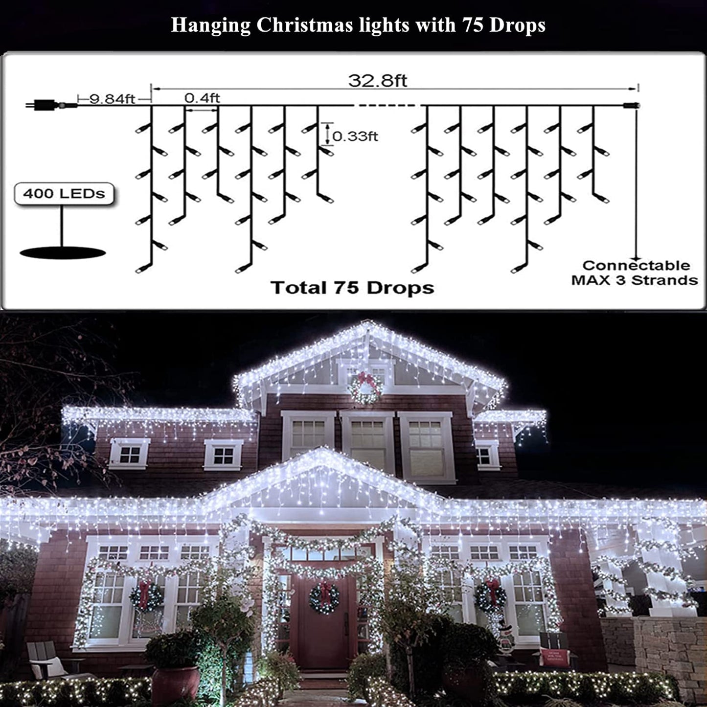 Led Christmas Lights Outdoor Christmas Decorations Hanging Light 400LED 8 Modes 75 Drops, Waterproof Outdoor Indoor Fairy Christmas Lights for Party
